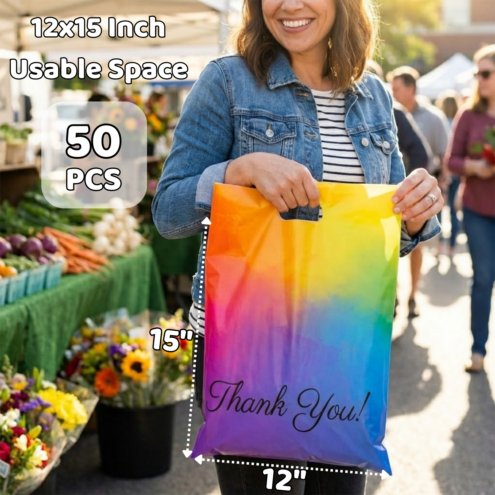 A woman holding a colorful reusable shopping bag with a rainbow gradient and 'Thank You!' printed on it, at an outdoor farmers market. The bag dimensions are 12x15 inches, with 50 pieces in the pack.