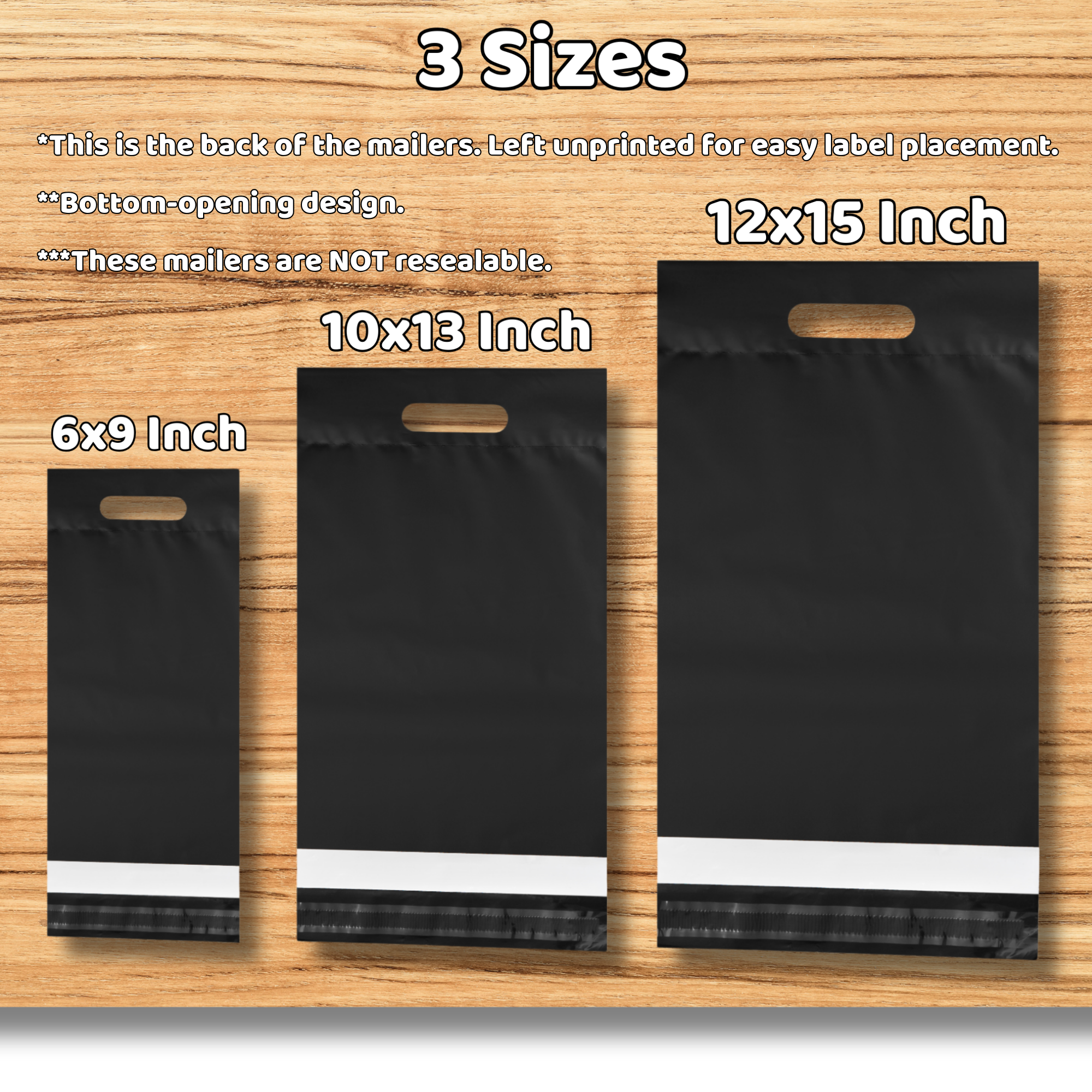Image showing three different sizes of black plastic mailers with handle cutouts: 6x9 inches, 10x13 inches, and 12x15 inches, displayed on a wooden surface.
