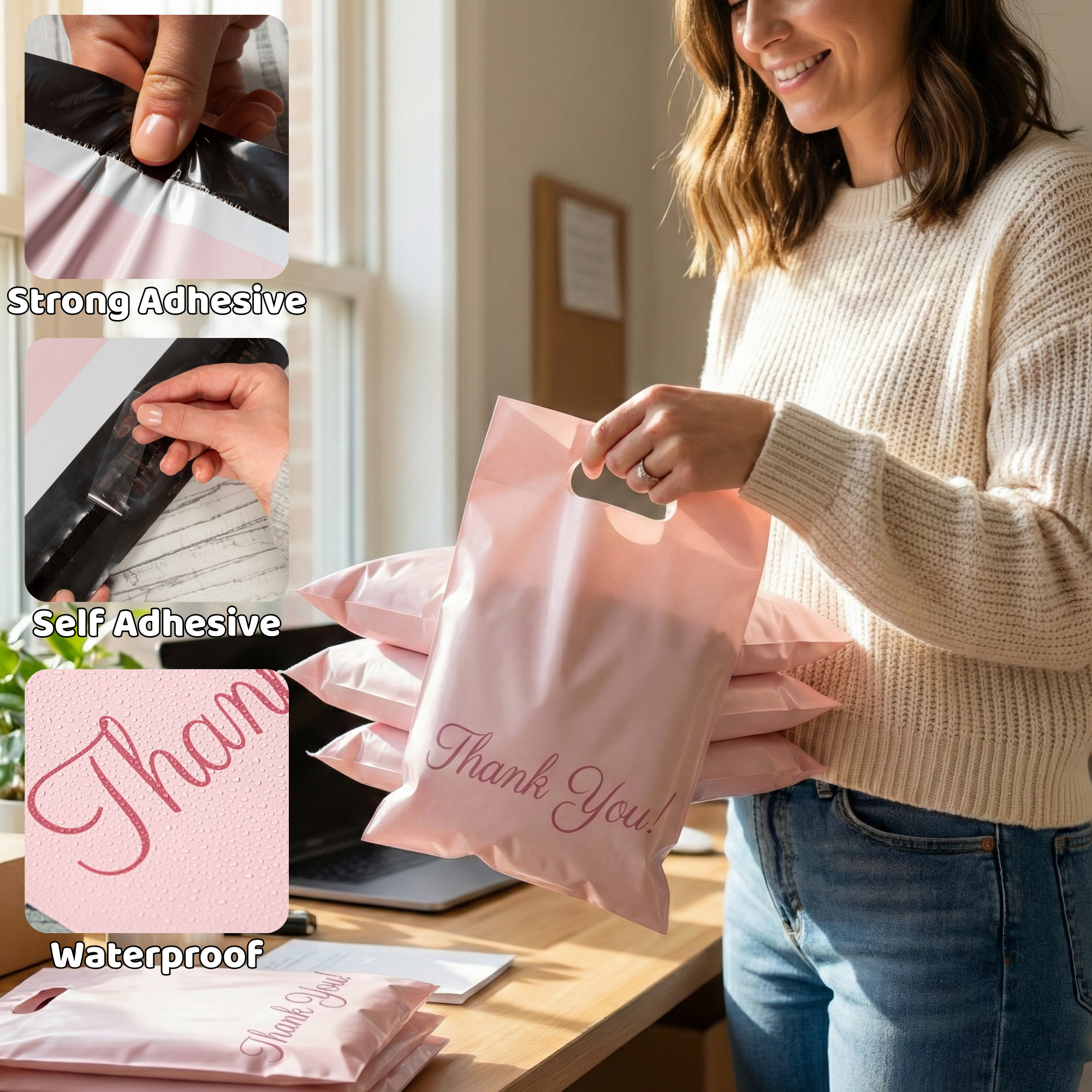 A woman holding a pink thank you gift bag with several wrapped packages in the background. The image also includes close-up shots showing the adhesive strip of the bag, its self-adhesive feature, and the waterproof property with raindrop textures and the word "Thank" in cursive.