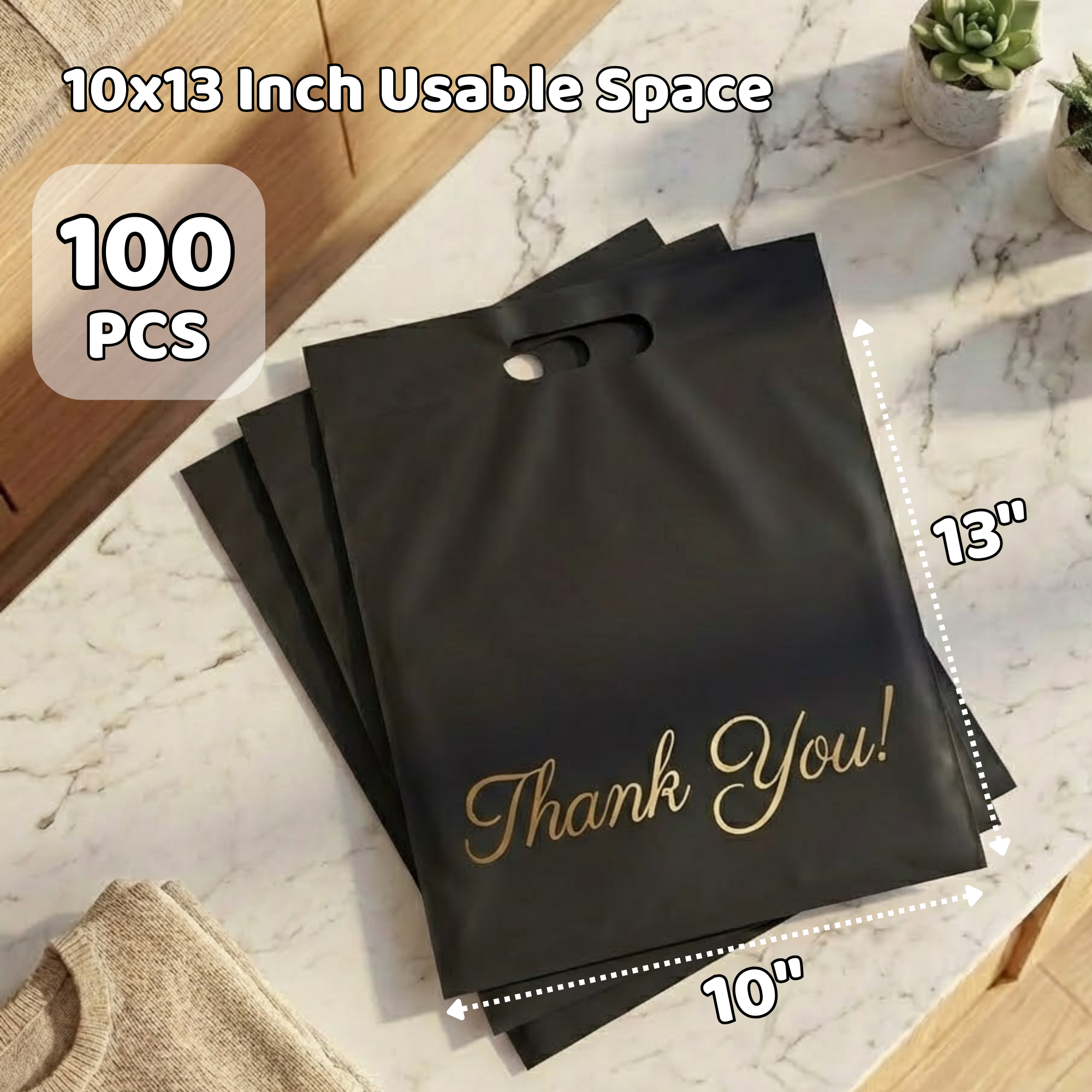 Black plastic gift bags with gold cursive text reading 'Thank You!' placed on a white marble countertop, with dimensions of 10x13 inches, and a total of 100 pieces in the set.