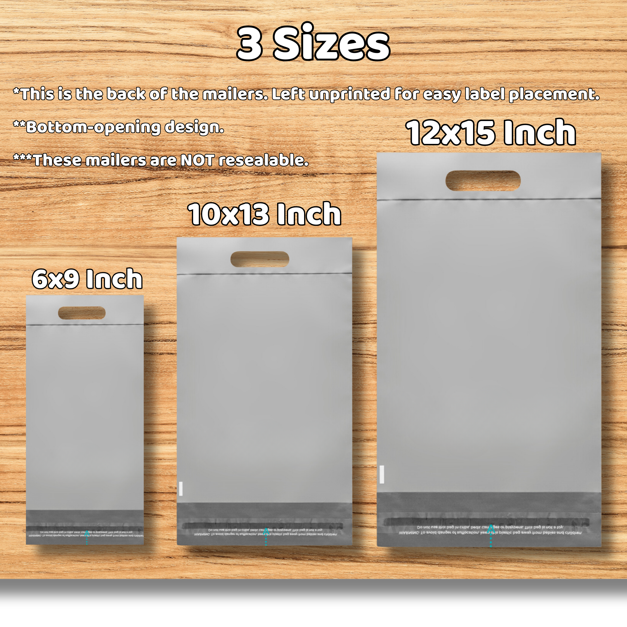 Display of three different sizes of mailers with dimensions labeled as 6x9 inch, 10x13 inch, and 12x15 inch, shown on a wooden surface.