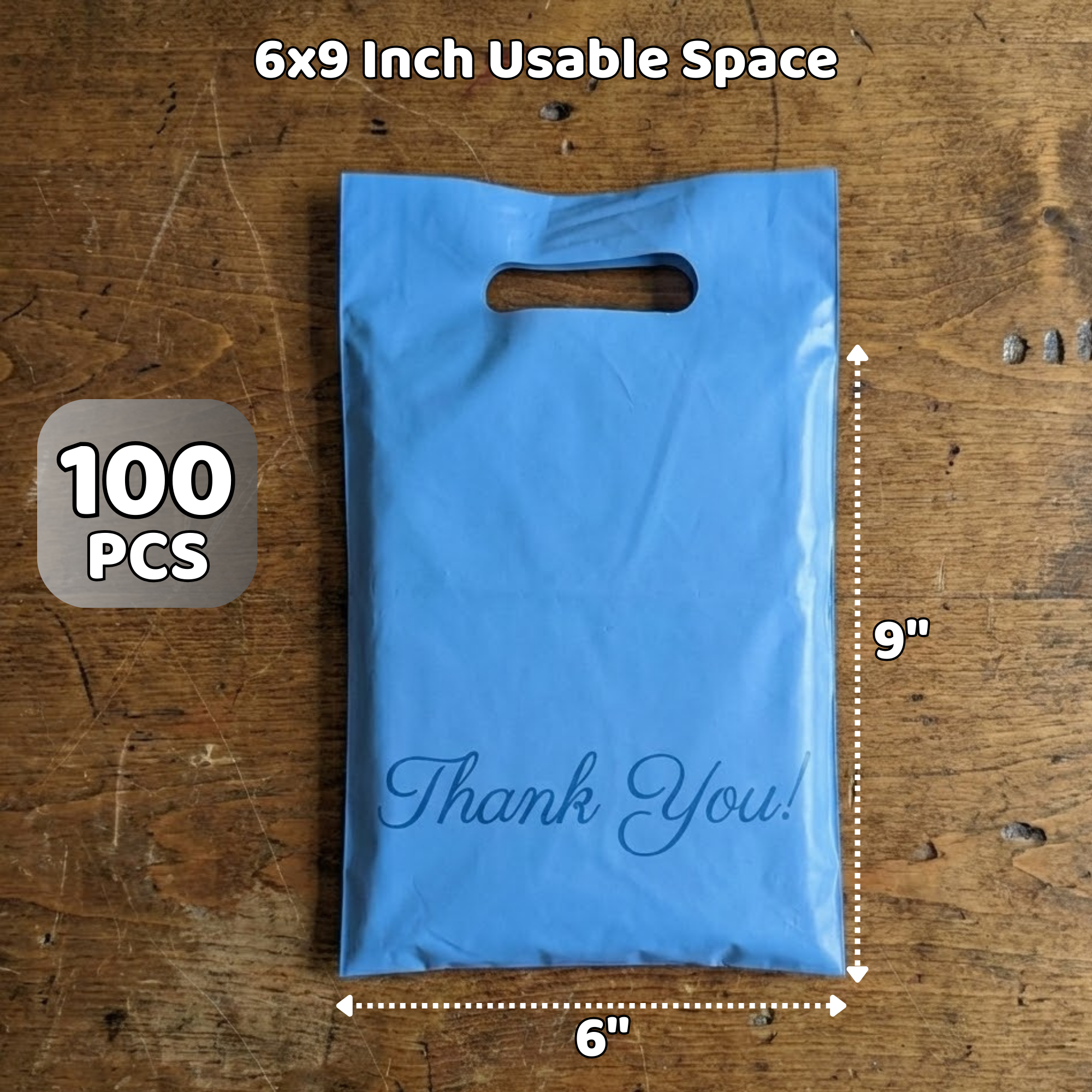 Blue plastic gift bag with a die-cut handle, the words 'Thank You!' printed on it, and measurements indicating it is 6 inches wide and 9 inches tall, with a label stating 100 pieces.