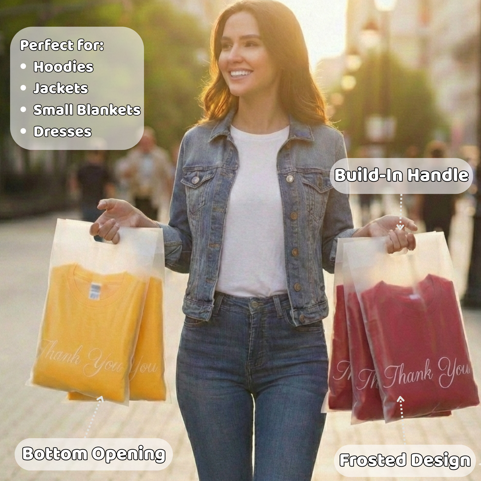 A woman walking outdoors carrying two plastic bags with clothing, one yellow and one red, with labels pointing out features like built-in handle, frosted design, bottom opening, and perfect for hoodies, jackets, small blankets, and dresses.