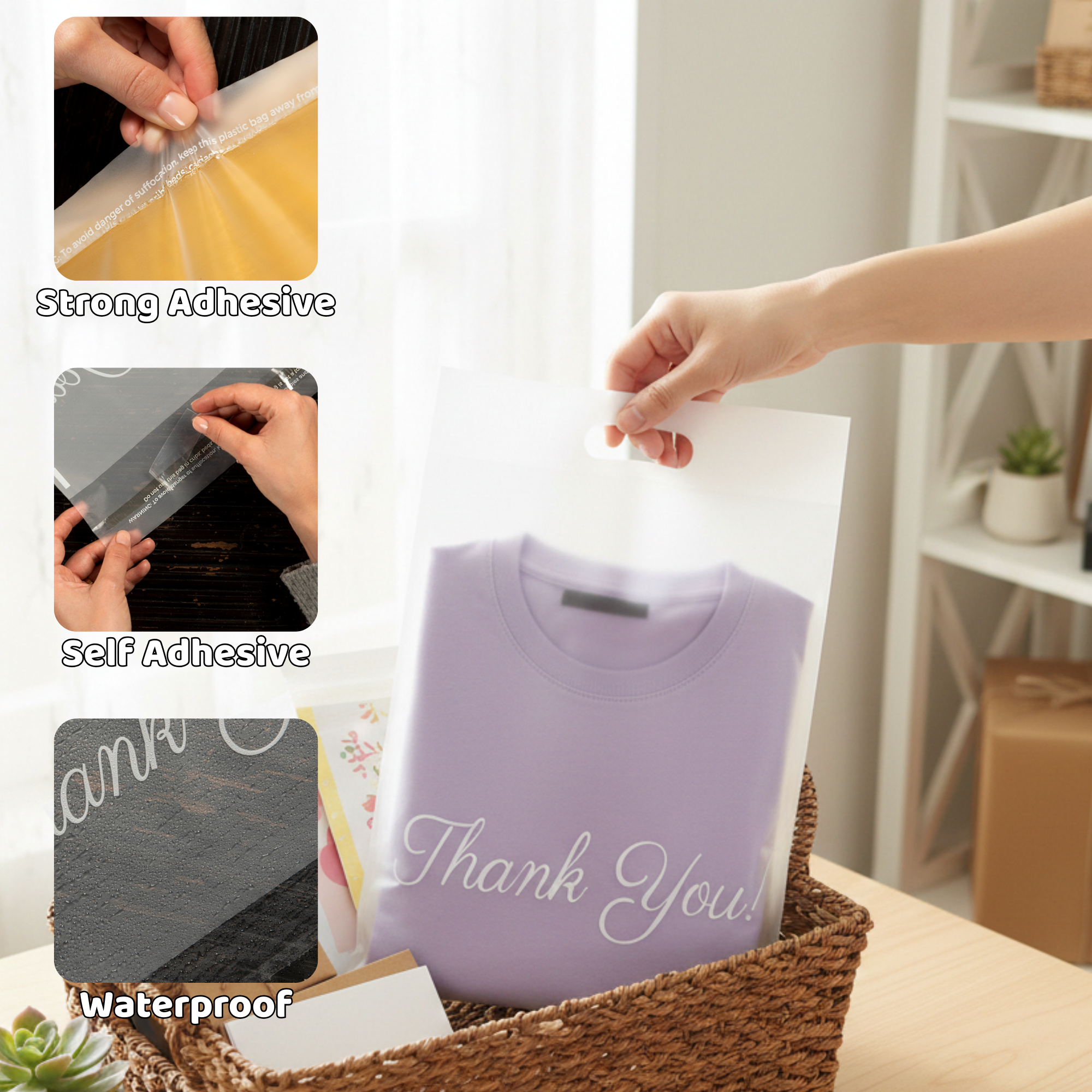 A person removing a transparent plastic bag from a folded t-shirt that says "Thank You!" in a basket. The inset images show the plastic bag's strong adhesive, self-adhesive property, and waterproof feature.