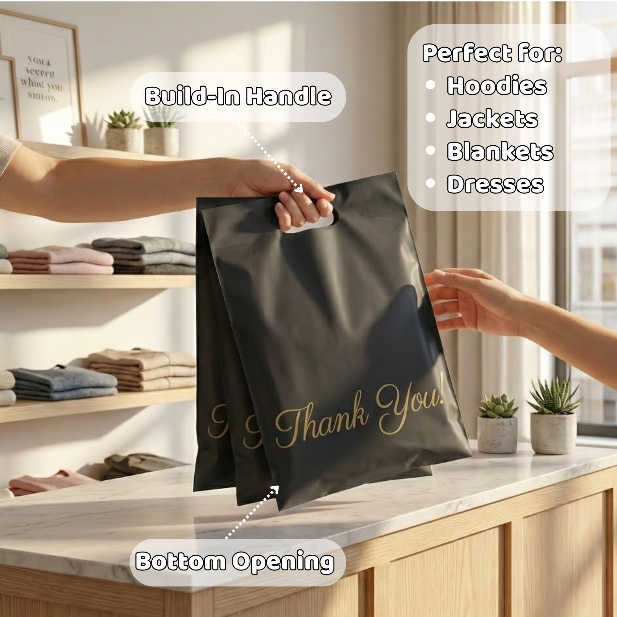 A person holding a black shopping bag with a build-in handle and gold lettering that says "Thank You". The bag is shown in a store with folded clothes on shelves and potted plants on a wooden counter. Text overlays indicate the bag's features, including perfect for hoodies, jackets, blankets, and dresses, with label annotations for handle and bottom opening.