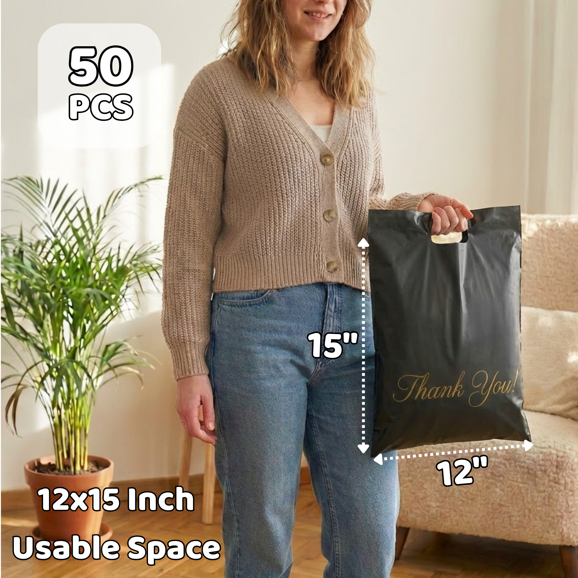 Woman holding a black gift bag with gold text that says "Thank You!" in a living room with a potted plant and a beige couch. The bag measures 12x15 inches with 15 inches of usable space.