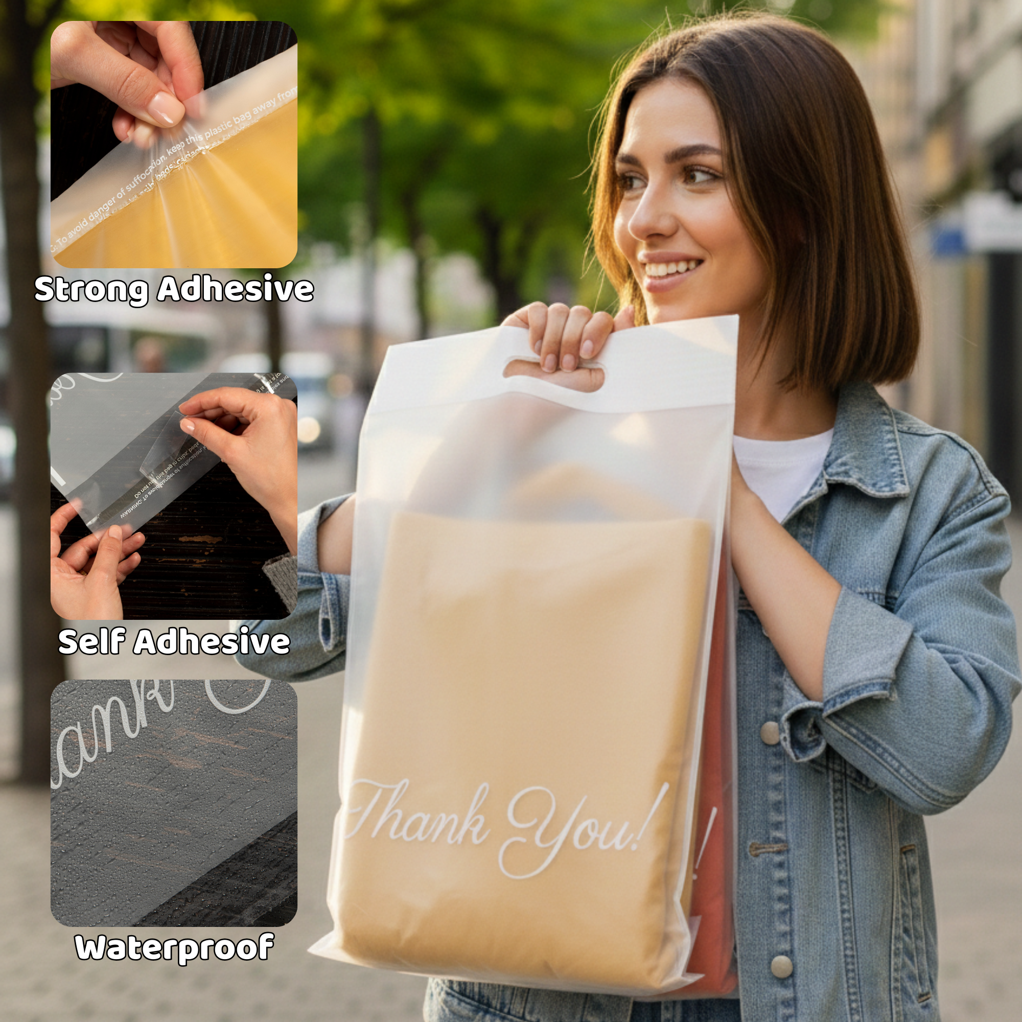 A woman holding a transparent plastic bag with a beige item inside, smiling outdoors on a city street with trees in the background. Inset images show the bag's strong adhesive strip, self-adhesive feature, and waterproof material.