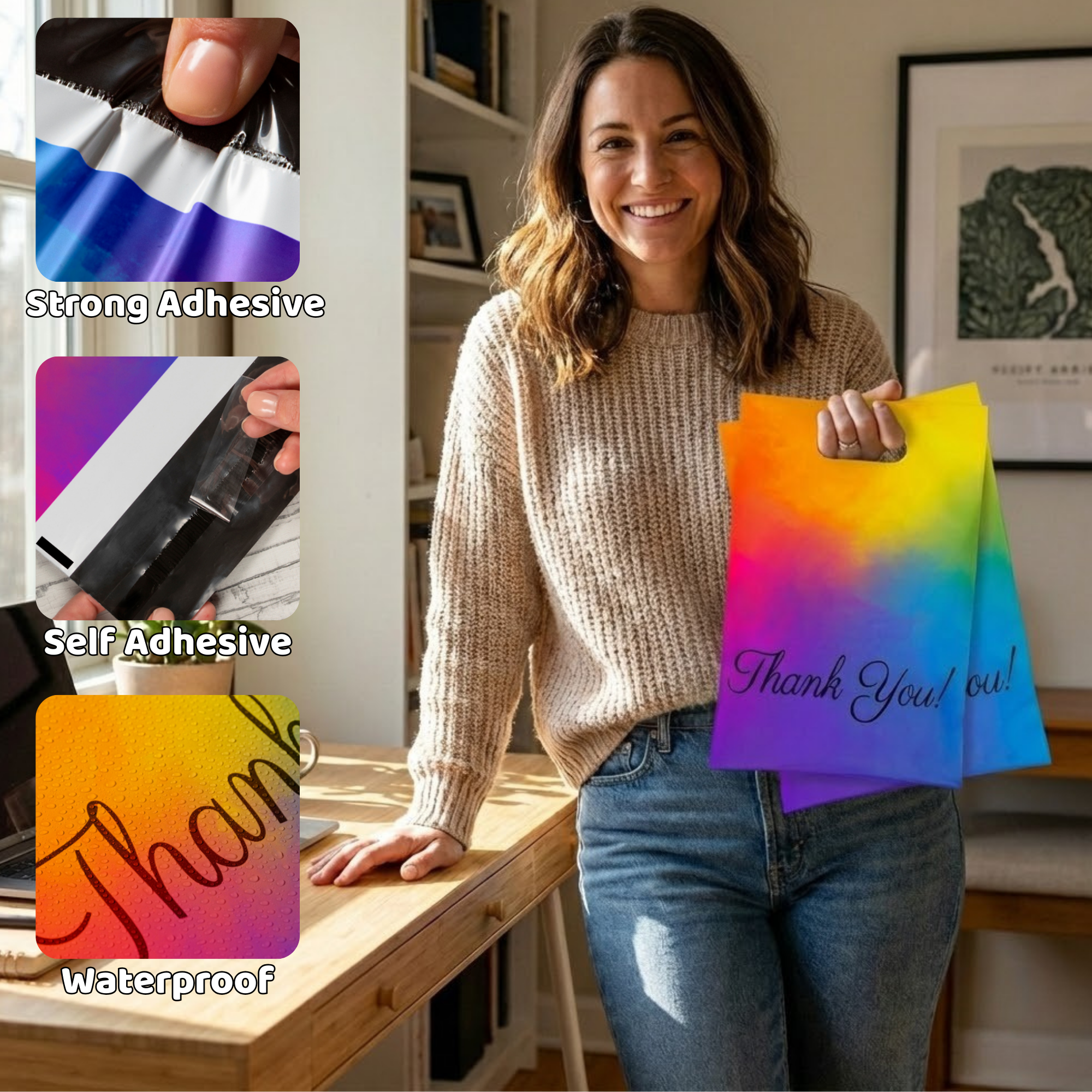 A smiling woman holding a colorful thank you gift bag inside a home, with a desk and bookshelves in the background.