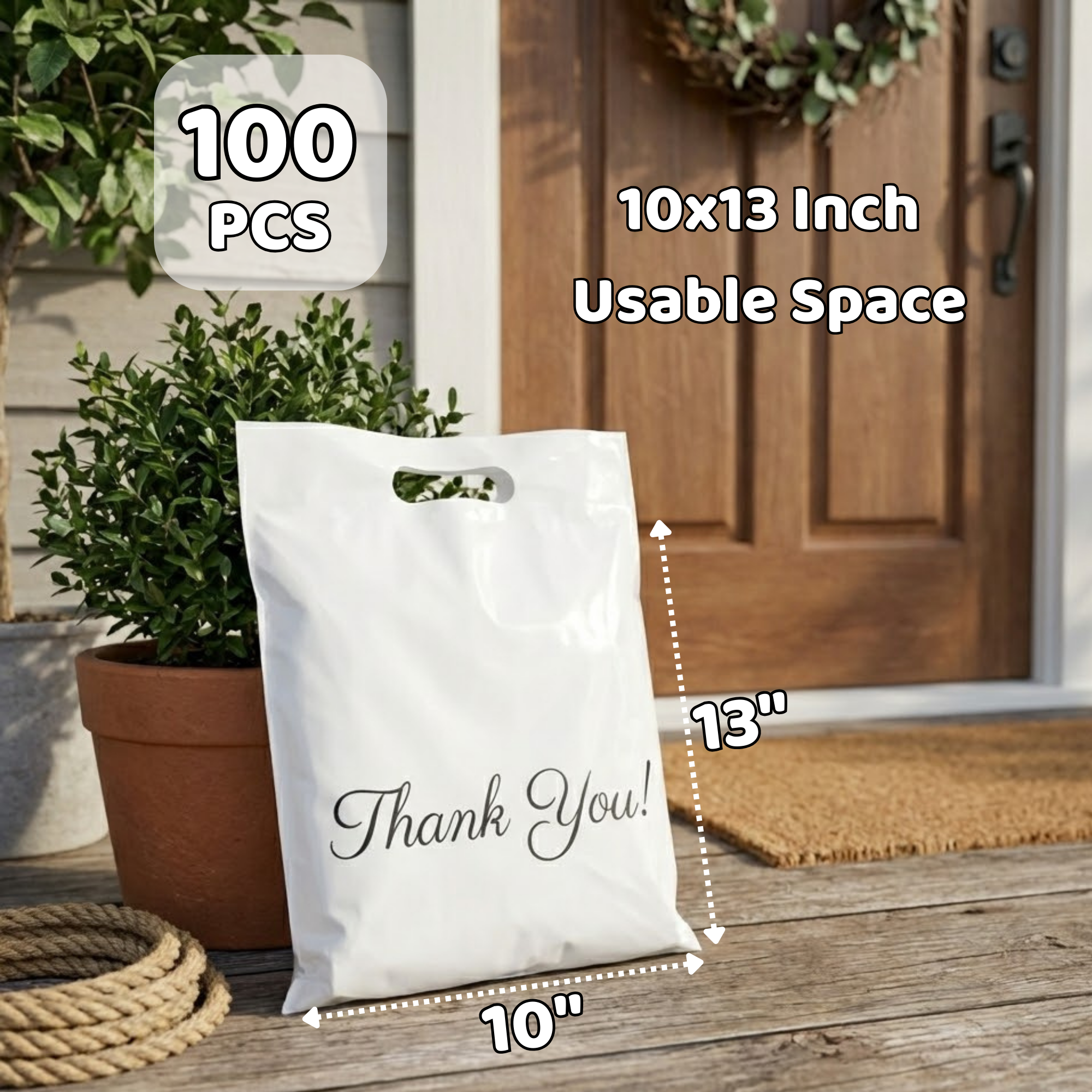 A white plastic shopping bag with 'Thank You!' written on it in black cursive, standing upright on a wooden porch next to a potted green shrub. The bag's dimensions are approximately 10 inches wide and 13 inches tall. The image notes that it contains 100 pieces of similar bags, each measuring 10x13 inches usable space.
