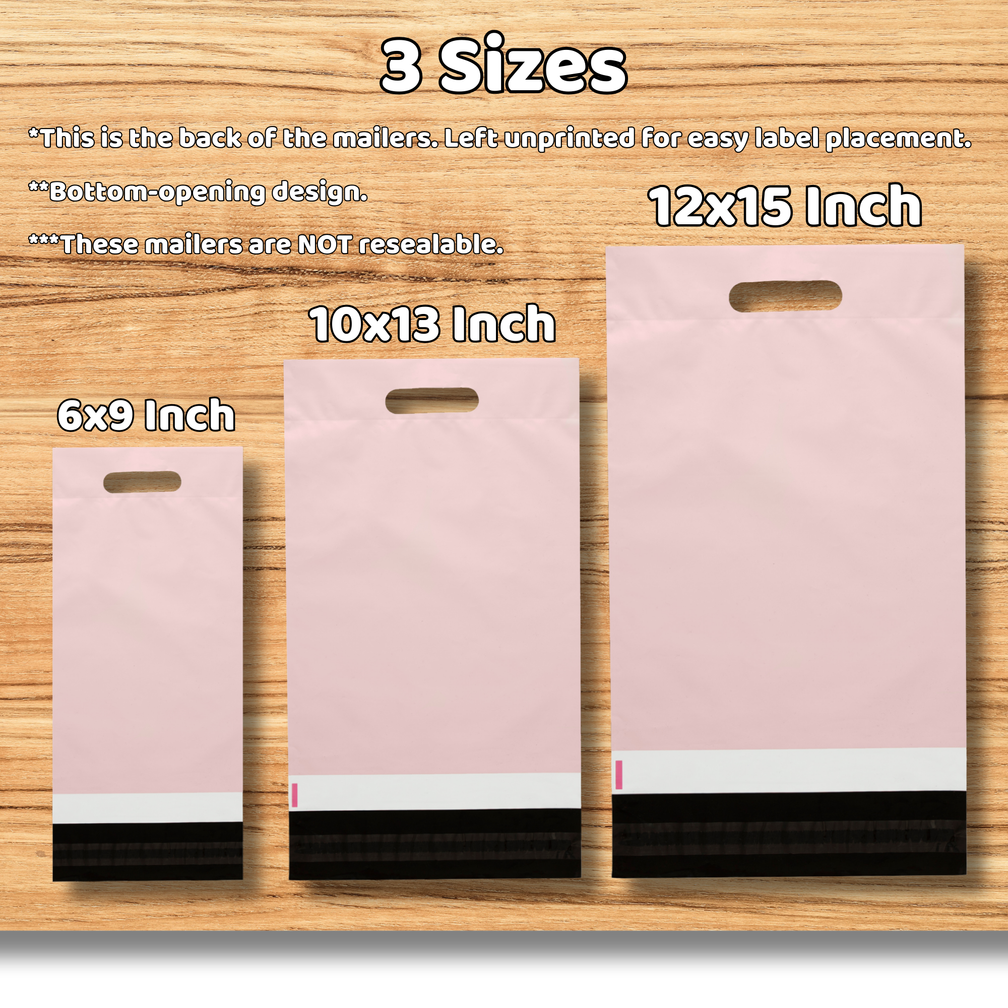 Three pink mailers of different sizes (6x9 inches, 10x13 inches, and 12x15 inches) displayed on a wooden surface, with size labels and a note about any design features.