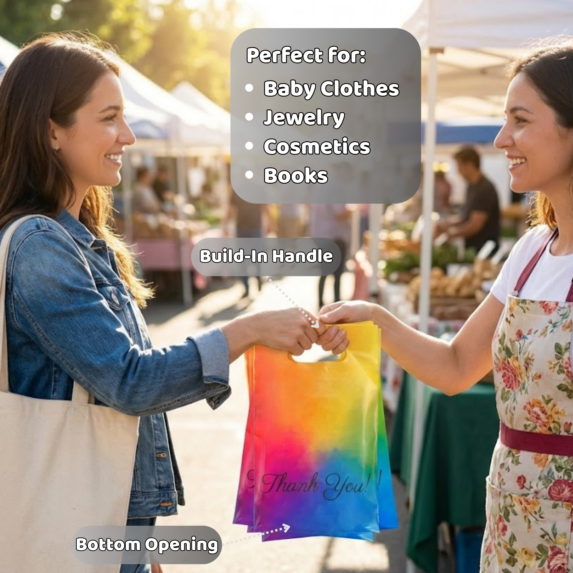 Two women exchanging a brightly colored gift bag with a rainbow pattern and 'Thank You!' written on it at an outdoor market. The left woman wears a denim jacket and beige tote bag, while the right woman wears a floral apron. Tents and market stalls are visible in the background.