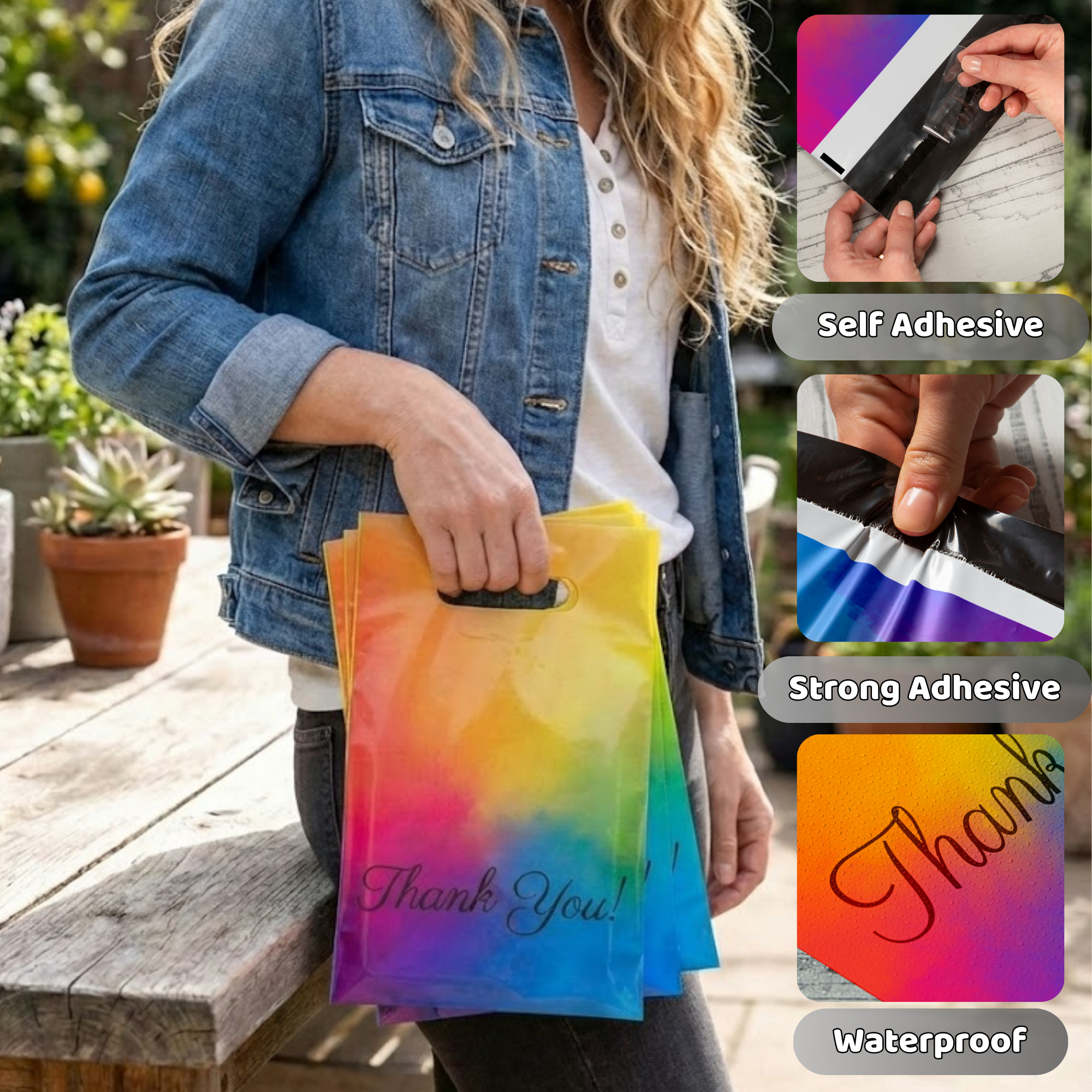 A person holding rainbow-colored thank you gift bags with a rainbow design, waterproof material, and strong adhesive, used to package gifts or treats.