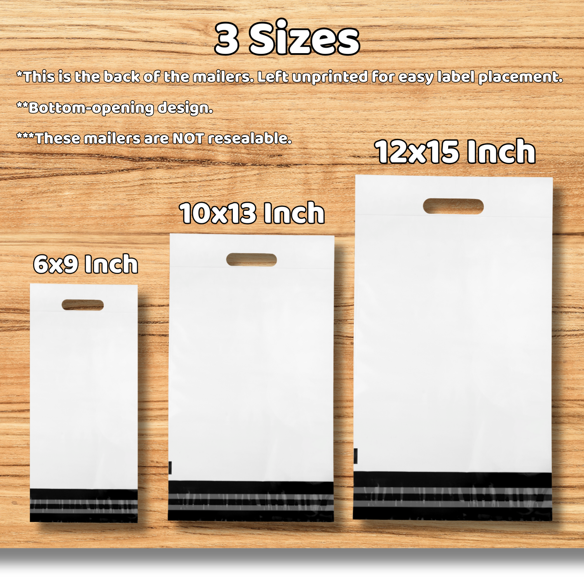 Three white mailing mailers with black bottoms in three different sizes on a wooden surface, labeled 6x9 inches, 10x13 inches, and 12x15 inches, with delivery slots and printed instructions.