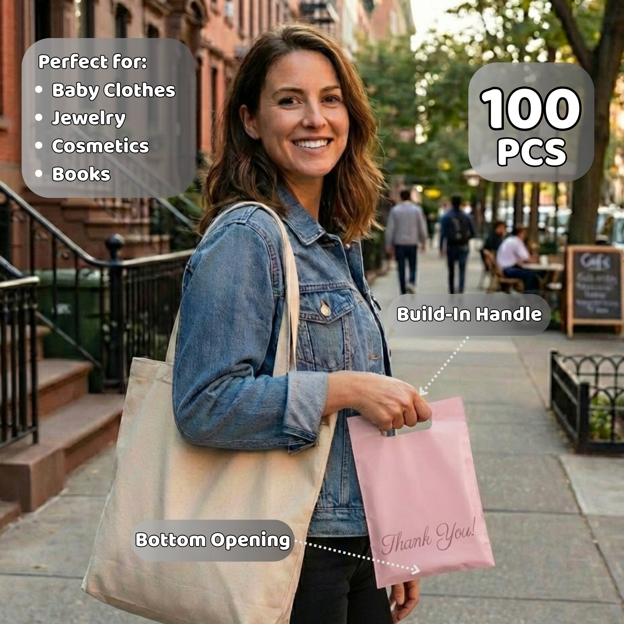 A woman smiling while holding a pink paper bag that says 'Thank You!' on a city sidewalk, carrying a beige tote bag, wearing a denim jacket, with trees and people in the background.