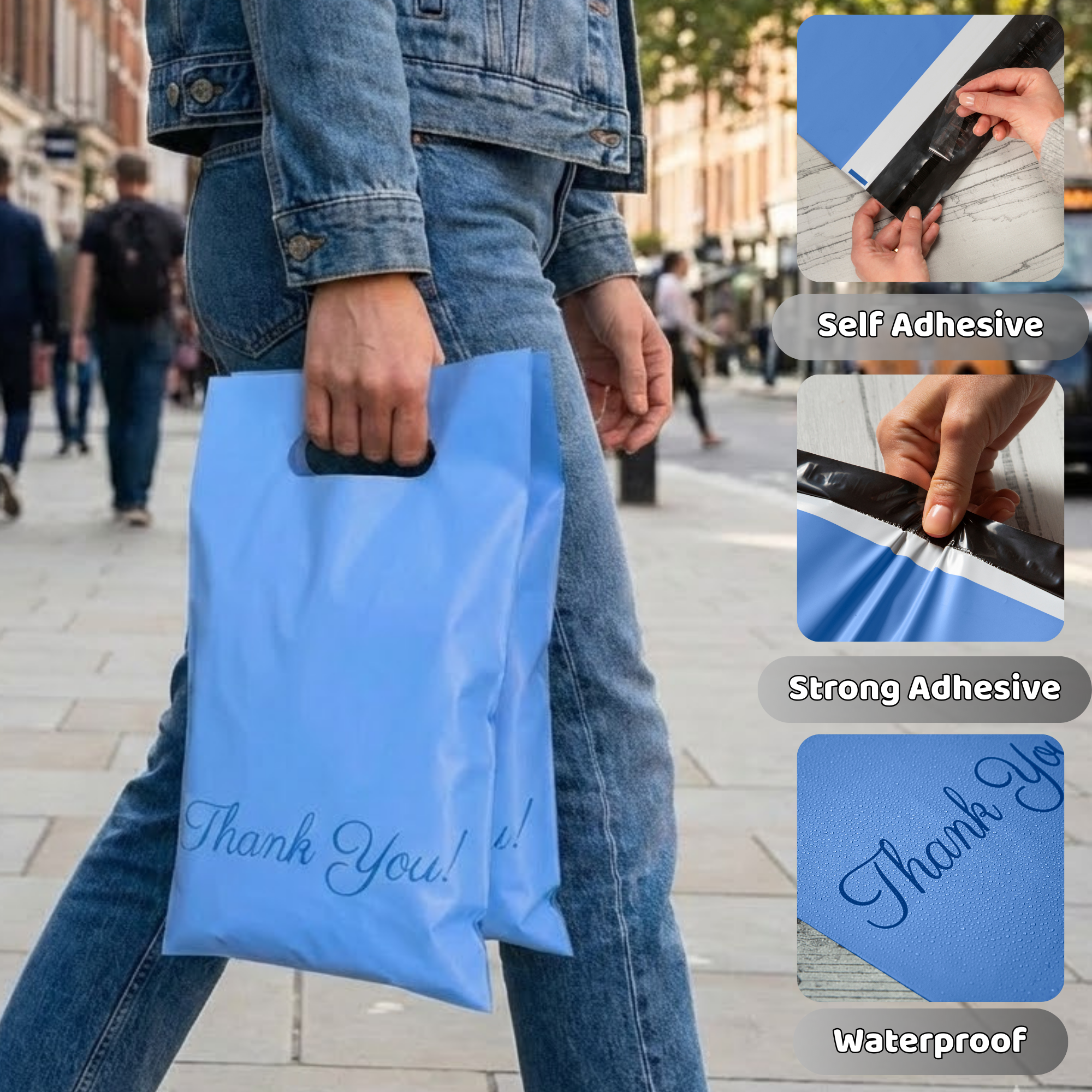 A person holding a blue waterproof plastic bag with a handle, with the words "Thank You!" written on it. The person is on a city street, wearing blue jeans and a denim jacket.