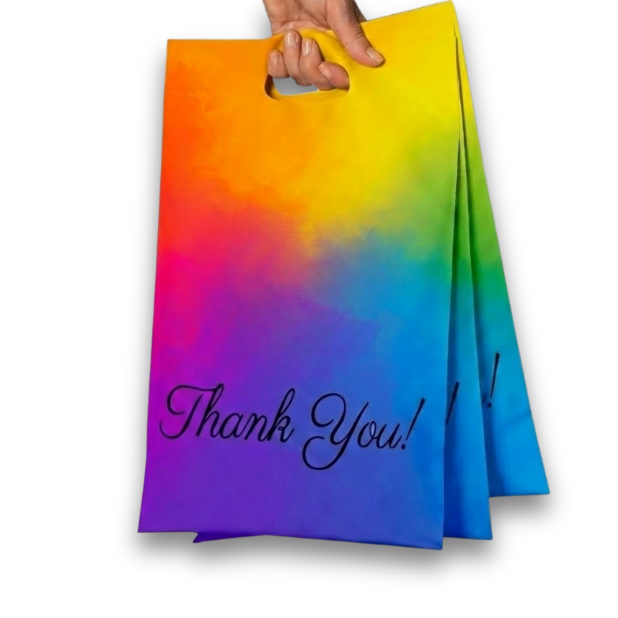 Colorful gift bag with a rainbow gradient and the words 'Thank You!' written on it.