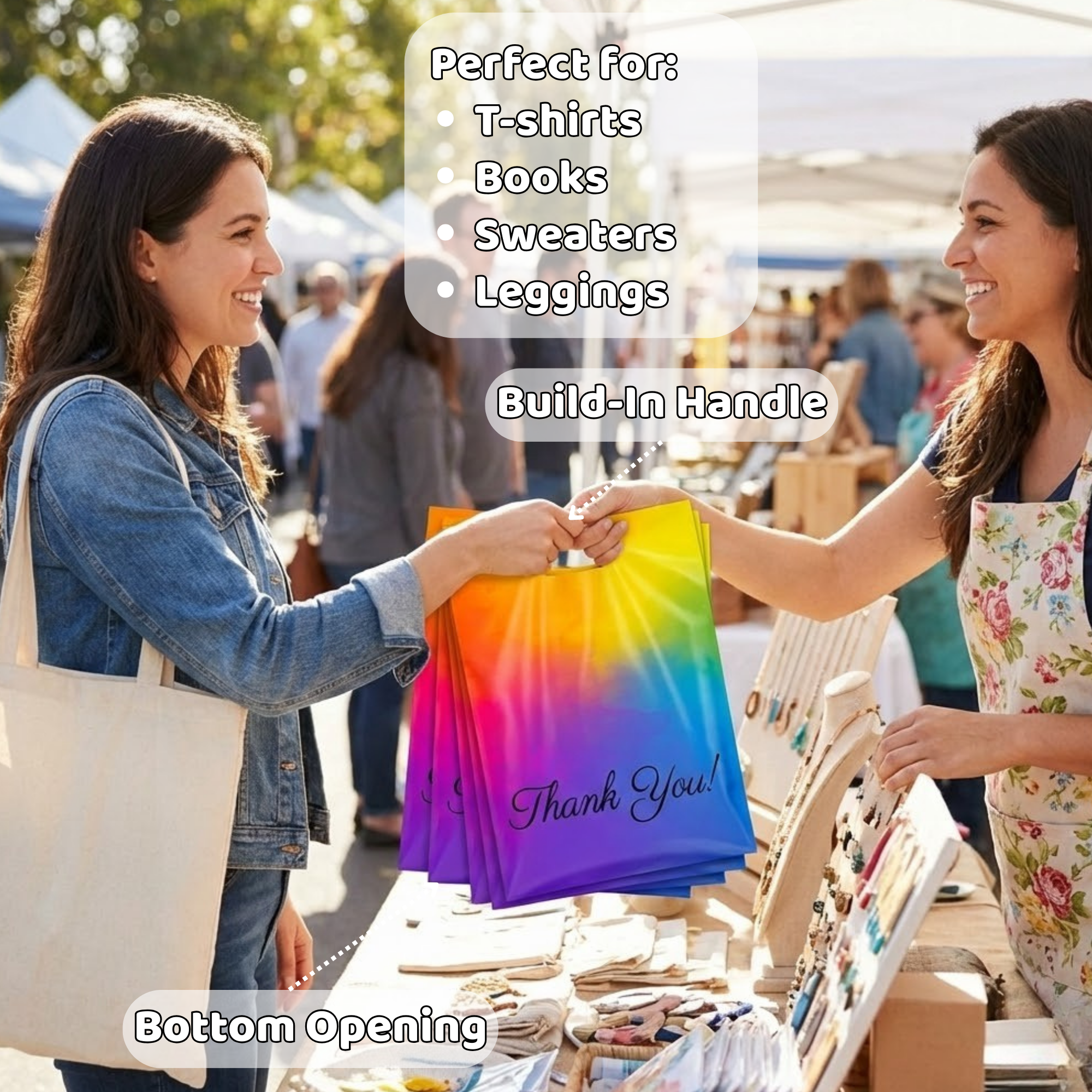 Two women at an outdoor market exchanging a colorful tote bag, with text overlay advertising tote bags that are perfect for T-shirts, books, sweaters, and leggings, with a built-in handle, and bottom opening.