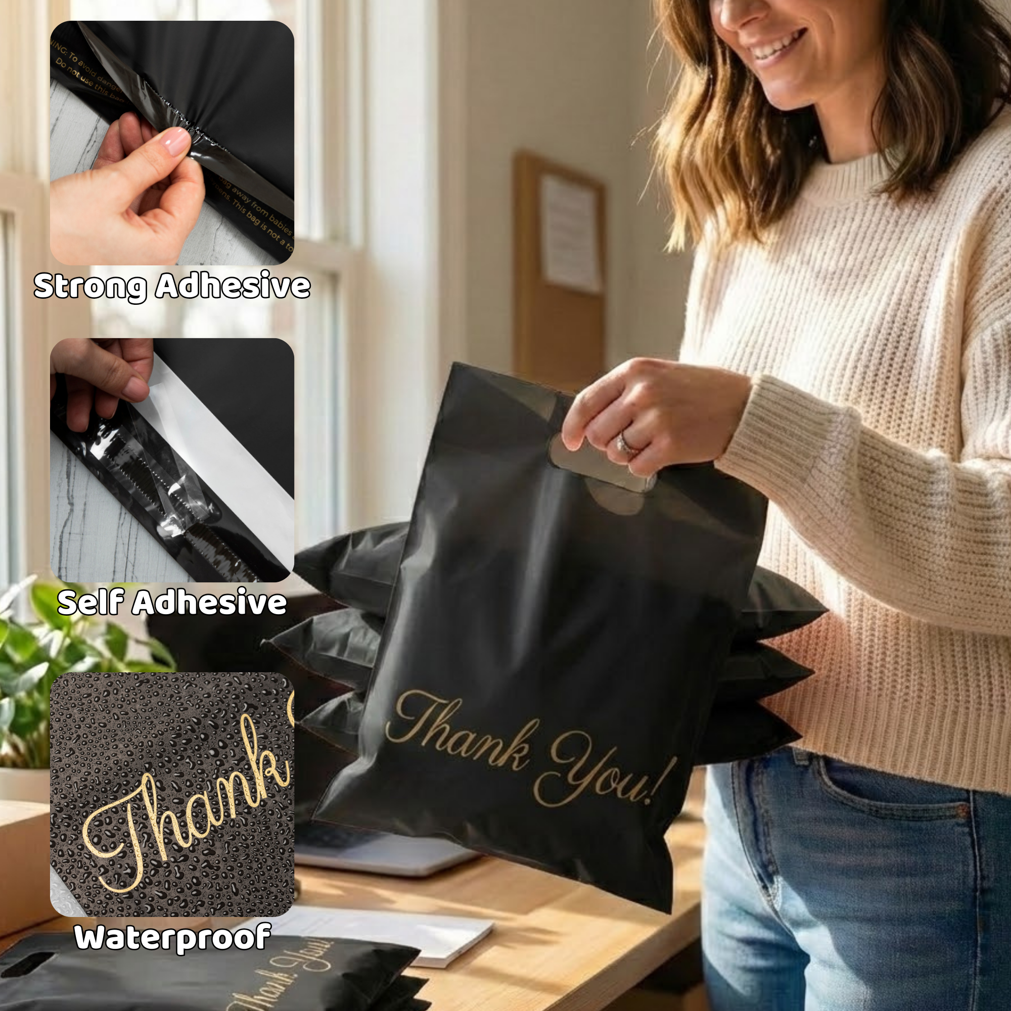 A woman holding a black thank you gift bag made of waterproof material. The image highlights the bag's features, including strong adhesive, self-adhesive strip, and waterproof surface.
