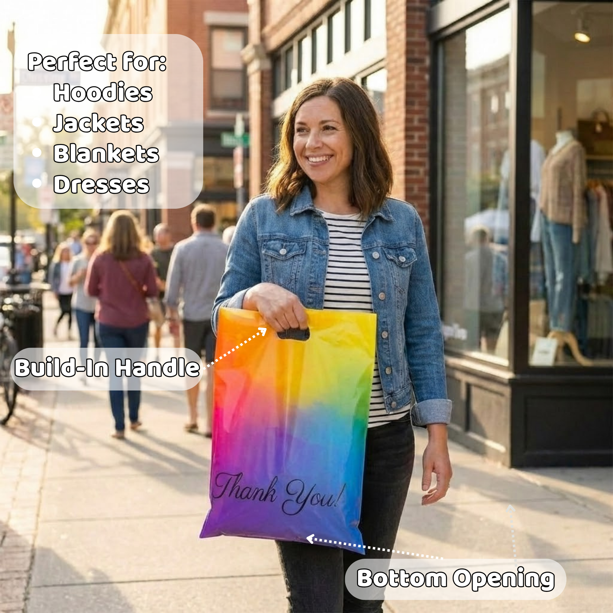 A woman walking on a city sidewalk holding a rainbow-colored gift bag with the words 'Thank You!' printed on it. The bag has a built-in handle and a bottom opening. She is smiling and wearing a denim jacket and striped shirt. There are other pedestrians and storefronts in the background.
