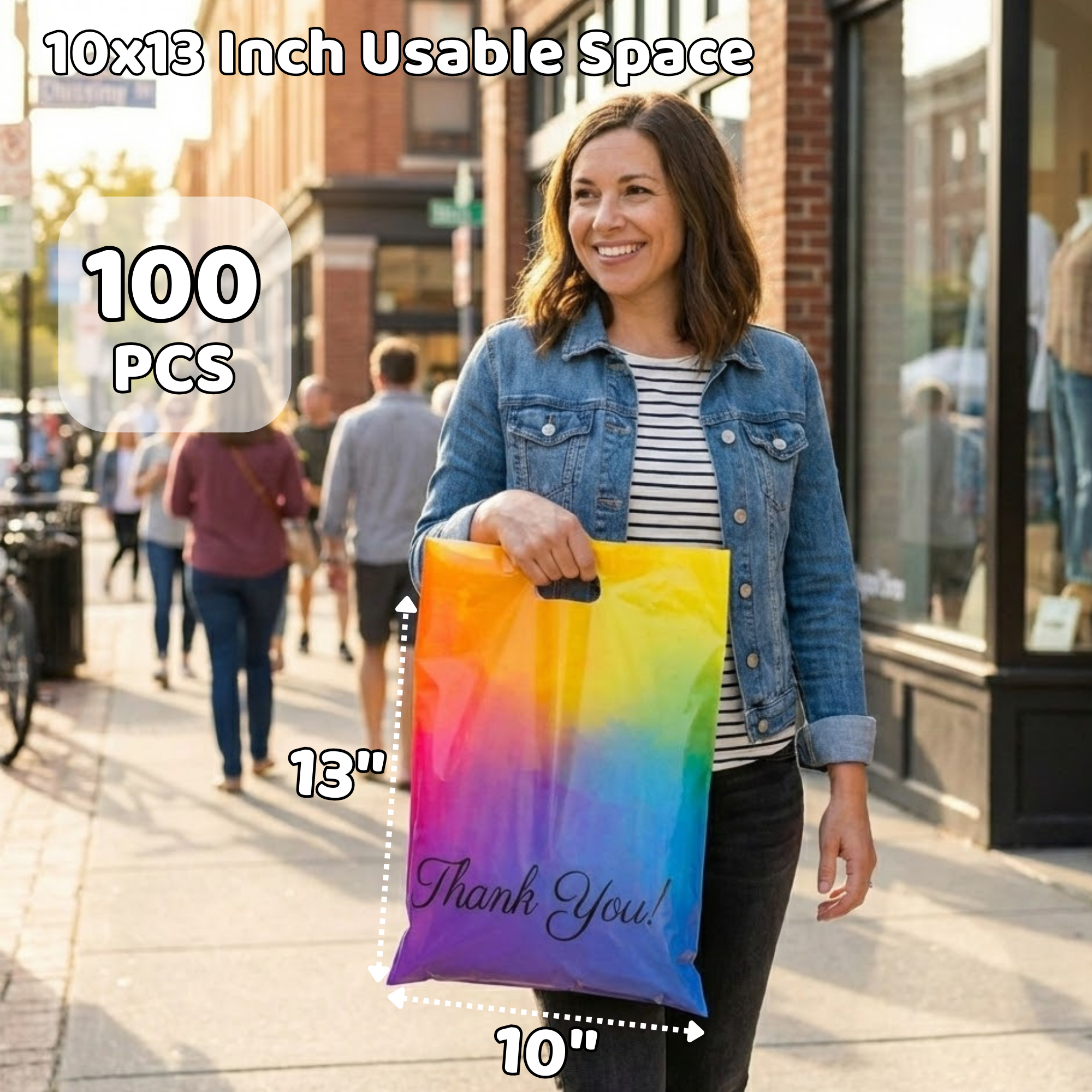 A woman holding a colorful rainbow tote bag with 'Thank You!' written on it, standing on a sidewalk with other pedestrians and storefronts in the background. The tote bag measures approximately 13 inches in height and 10 inches in width, with packaging indicating it is sold in packs of 100.