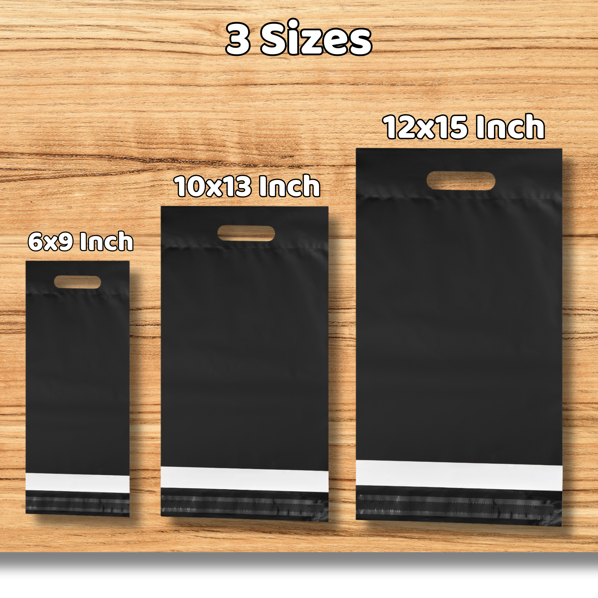 Three black plastic shopping bags in different sizes with handles, placed on a wooden surface, labeled as 6x9 inches, 10x13 inches, and 12x15 inches, with a label indicating three sizes.