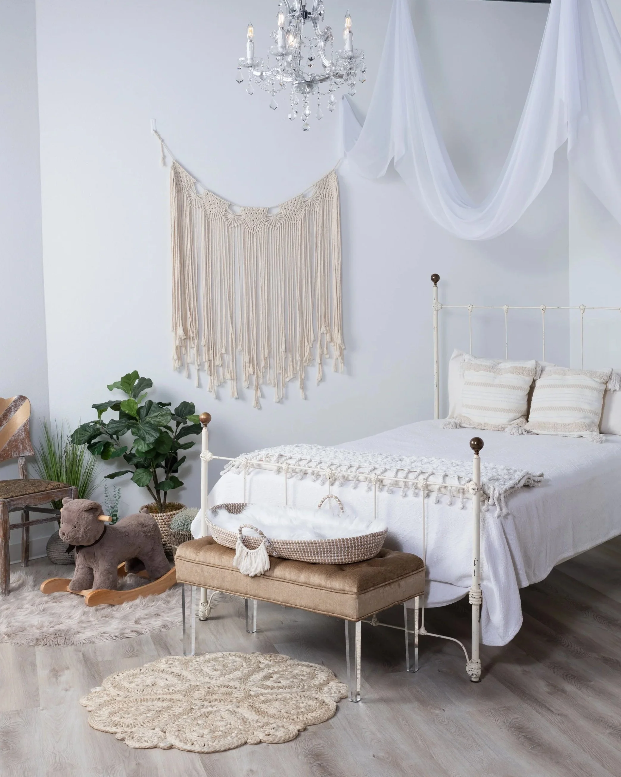 Boho bedroom photography setup for family and maternity sessions in Montgomery Texas