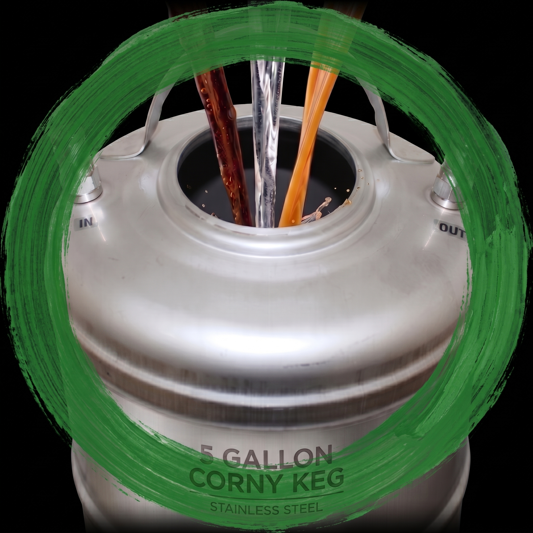 Close-up of a 5-gallon stainless steel cornmeal kettle with a spiral tube and a label that reads '5 GALLON CORNY KEG'.