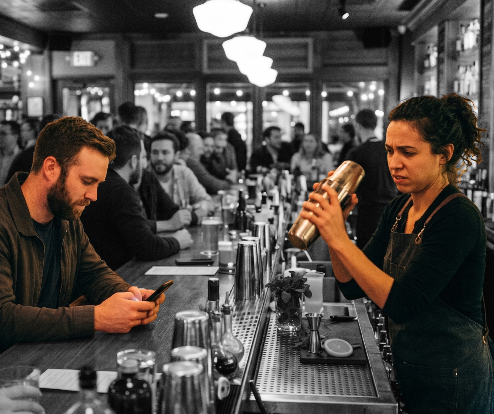 A bar scene with a woman bartender preparing a drink while a male customer, sitting at the bar, looks at his phone. Other customers are seated and socializing in the background.