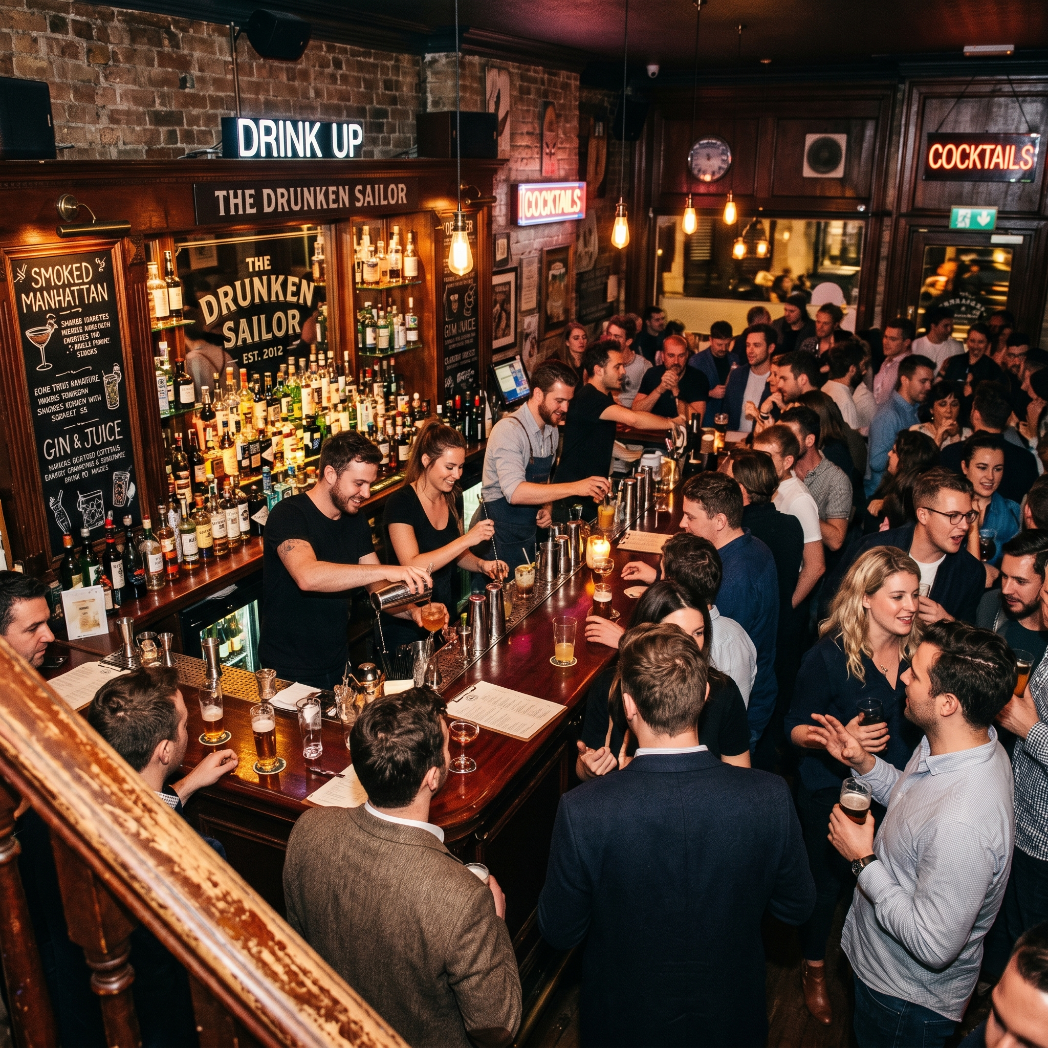 Interior of a lively bar with a crowd of people socializing and enjoying drinks. The bar has shelves stocked with bottles, and signs that say 'Drink Up', 'Cocktails', and 'The Drunken Sailor'. The setting features warm lighting with hanging Edison bulbs, a brick wall backdrop, and wooden accents.