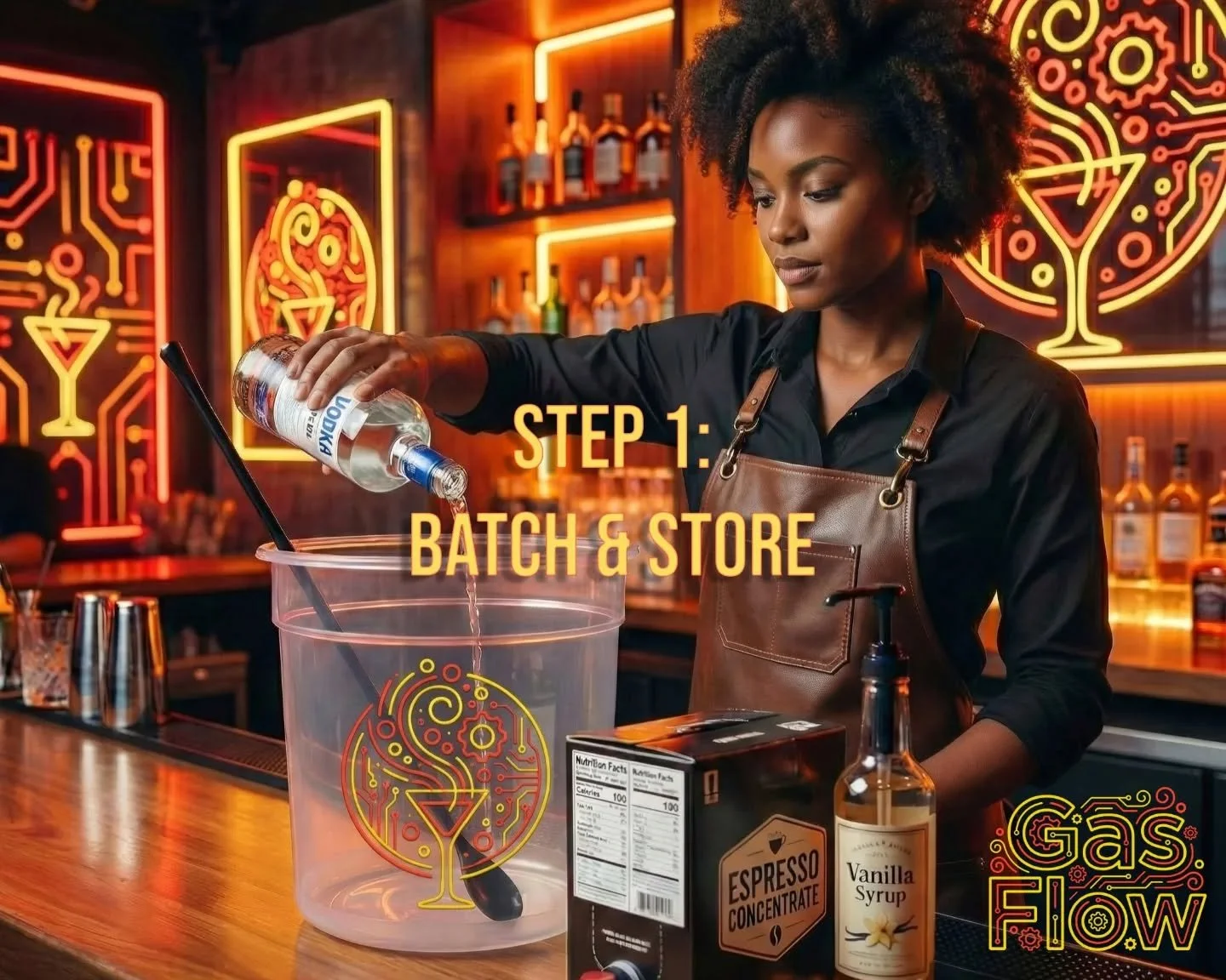 The @gasflow.online workflow is 3 simple steps:
STEP 1 | BATCH &amp; STORE
We will supply you with a full batching equipment suite, and the first shipment comes with enough non-alcohol ingredients to make for your first 200 Espressotinis (specially f