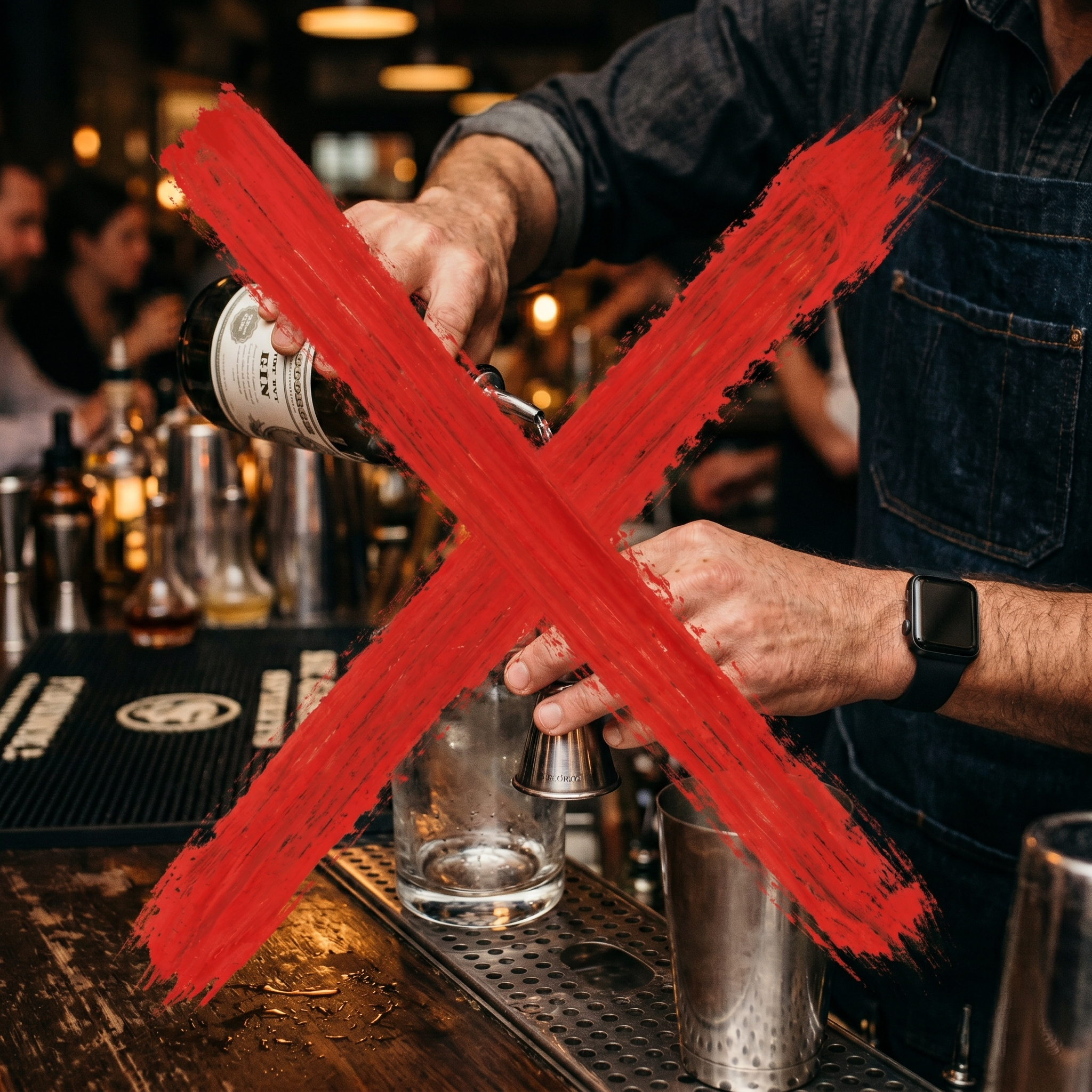 Bartender pouring a drink into a glass at a bar, with blurred patrons in the background, and red brushstroke overlay across the image.