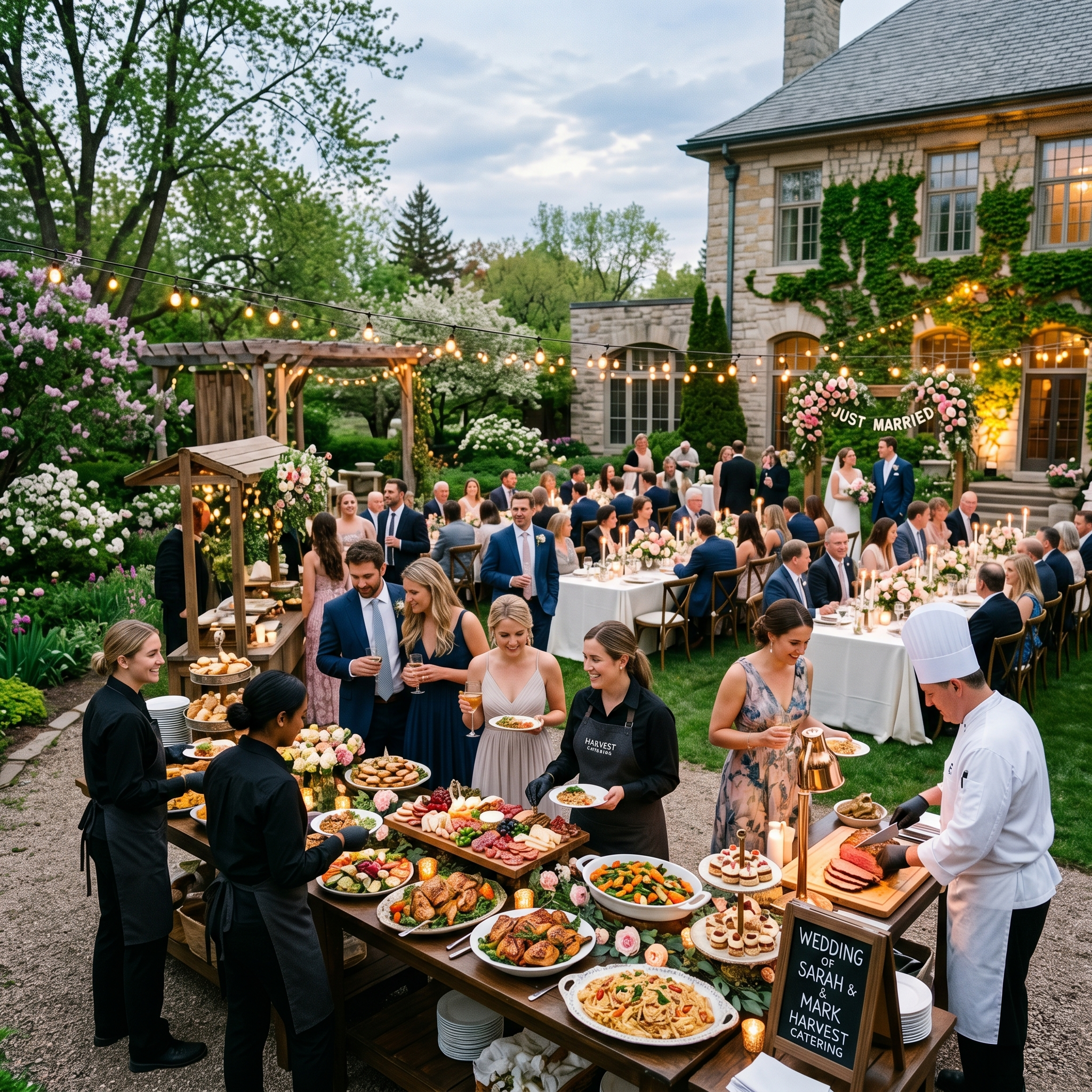 Guests at a wedding reception outdoors, with a buffet table filled with various dishes and desserts, string lights overhead, a large house in the background covered in ivy, and a sign indicating the wedding of Sarah and Mark Harvest Catering.