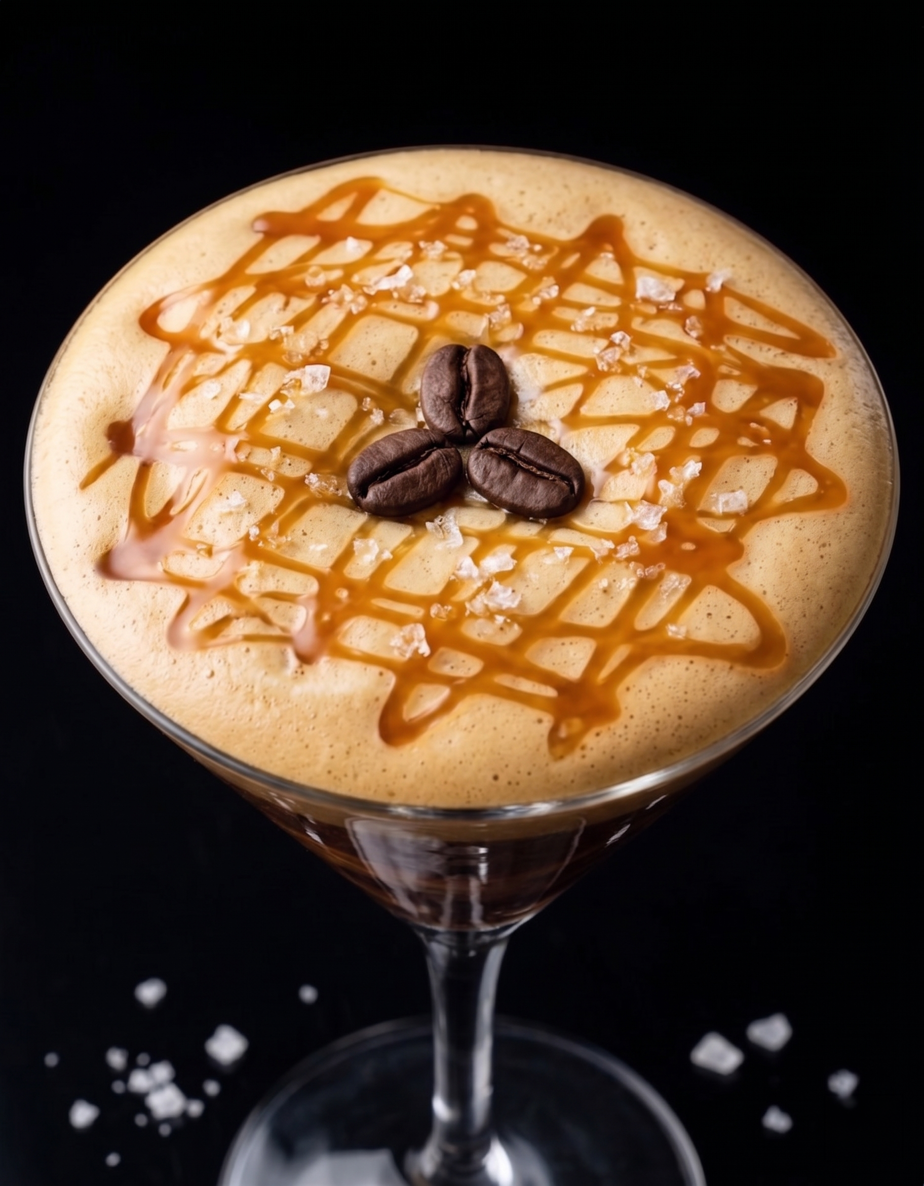 Close-up of a creamy coffee-based cocktail topped with caramel drizzle, coffee beans, and sea salt, served in a martini glass on a black background with scattered salt crystals.
