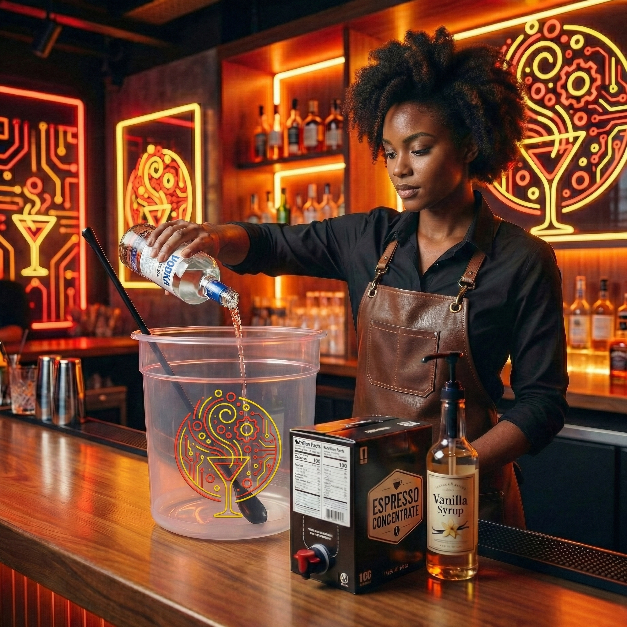 A woman with curly hair pouring vodka from a bottle into a large transparent container with a colorful line art design of a cocktail glass on it. The background features neon glow signs and bottles on shelves, creating a vibrant bar atmosphere.