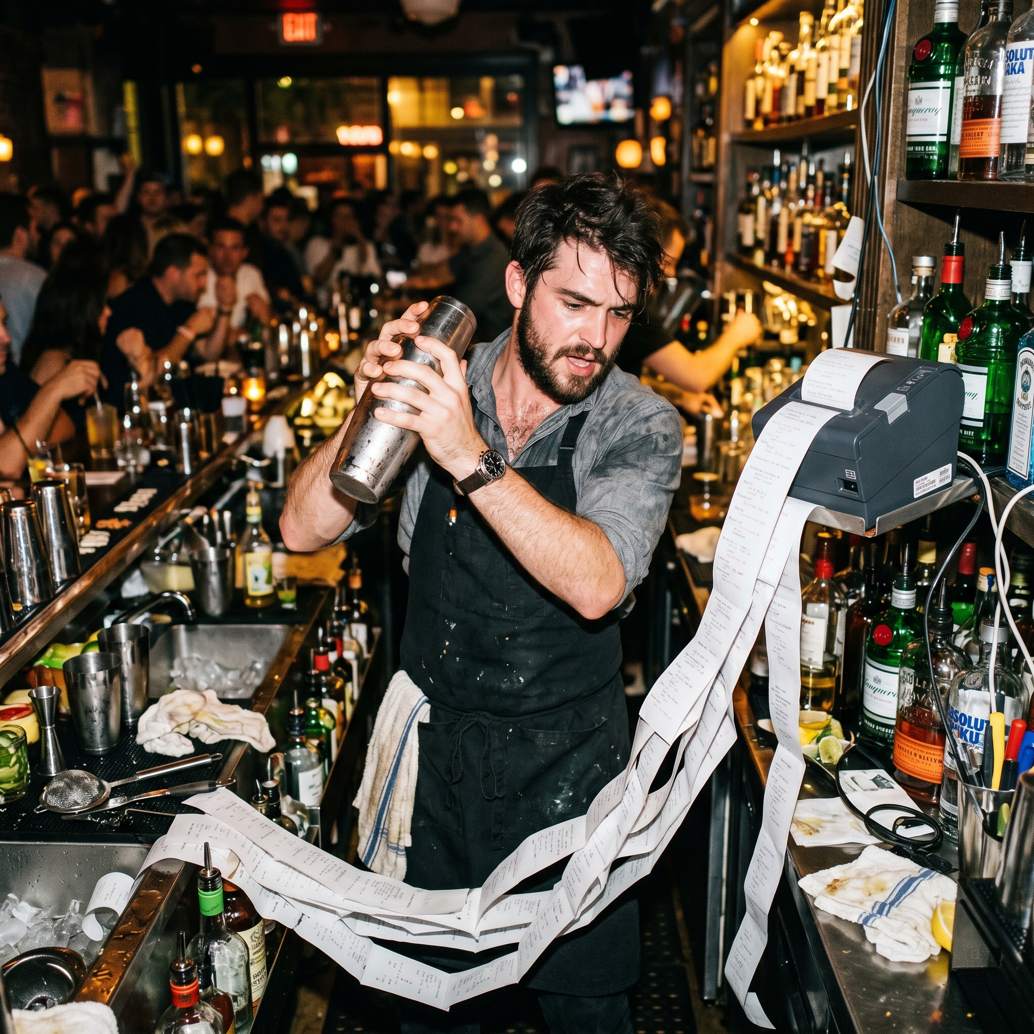 A bar with many people, including a bartender with dark hair and a beard, standing behind the counter. The bartender appears to be preparing a drink, holding a cocktail shaker. There are numerous liquor bottles on shelves behind him and a long list of receipts or orders hanging on the side. The scene is lively and crowded, with warm lighting and blurred patrons in the background.