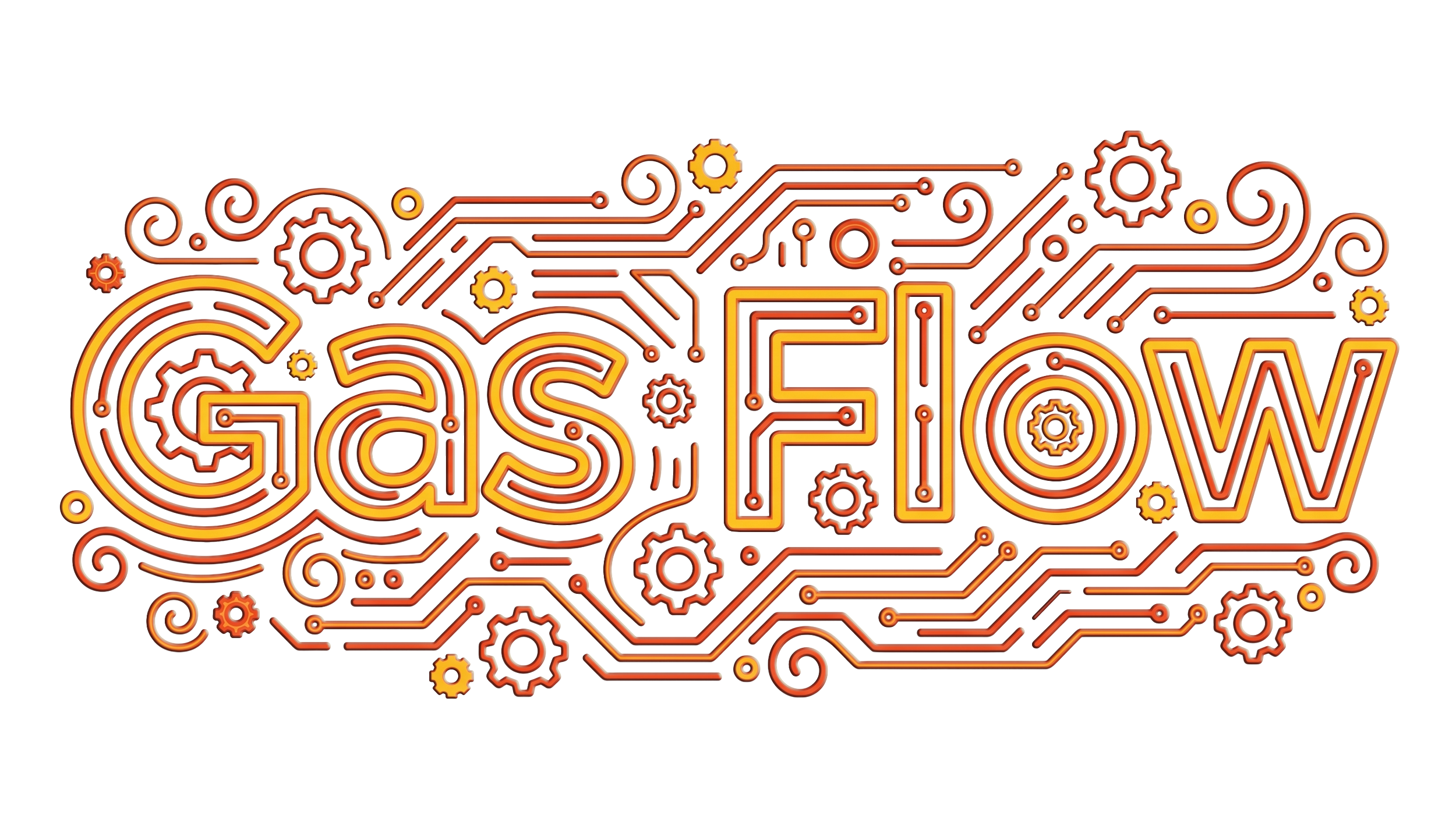 Digital circuit-themed graphic with the words "GAS FREE NOW" in stylized neon lettering, surrounded by gears and circuit-like lines.
