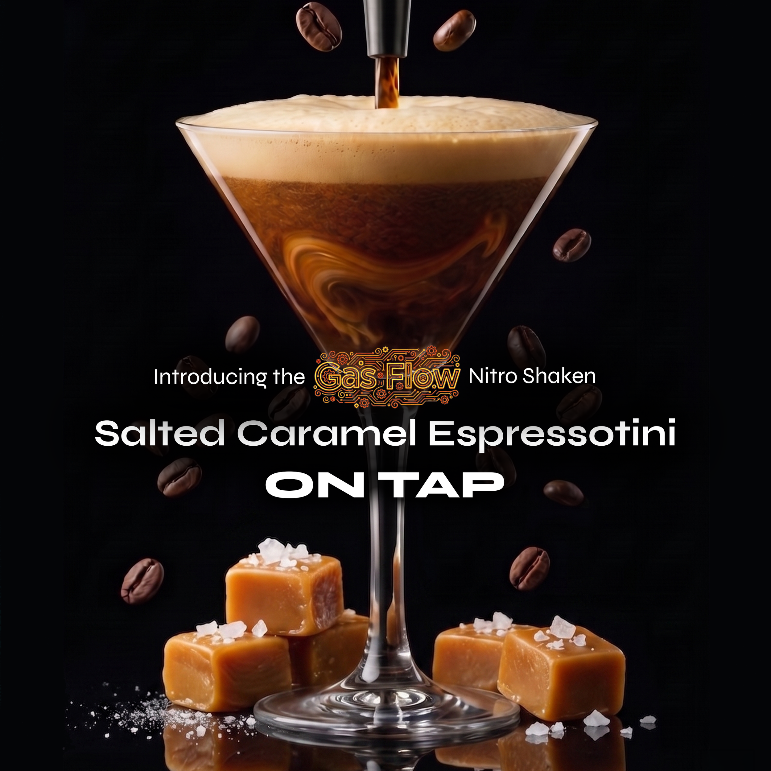 A glass of salted caramel espresso on tap with caramel cubes, sea salt flakes, and coffee beans around it, against a black background.