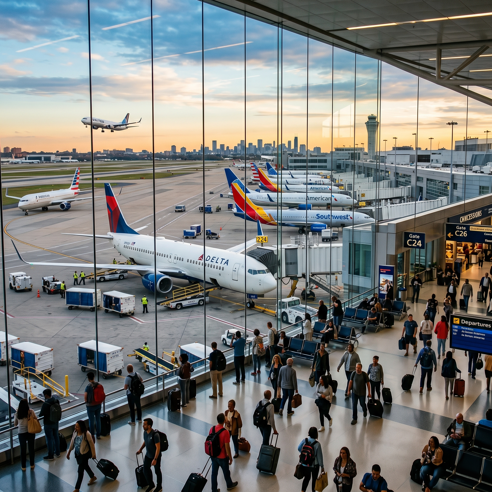 Inside an airport terminal with travelers walking and waiting, viewed through large glass windows showing planes on the tarmac, airport buildings, and the city skyline with a prominent tower in the background.