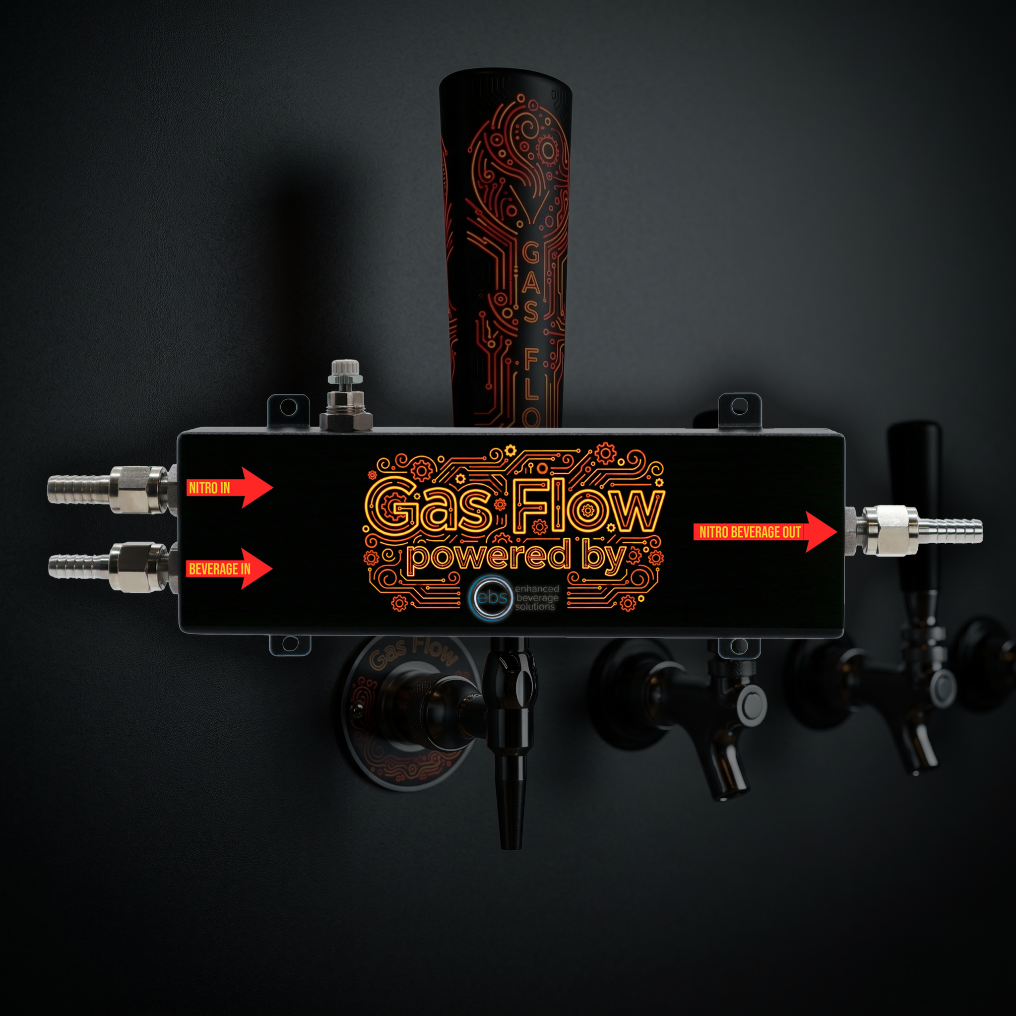 A black device with an orange circuit pattern design and text indicating gasoline and beverage flow, with metal connectors and labels 'NITRO IN' and 'NITRO BEVERAGE OUT'.