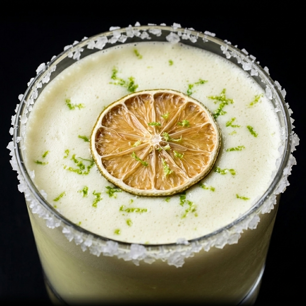 A cocktail glass with a salted rim containing a greenish beverage, garnished with a lemon or lime slice and lime zest toppings.