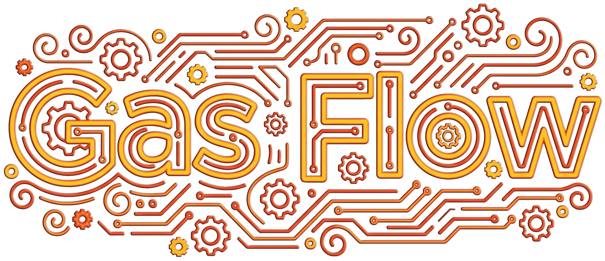 Neon sign that says 'GAS FOLLOW' with circuit-like design and small gears around the text.