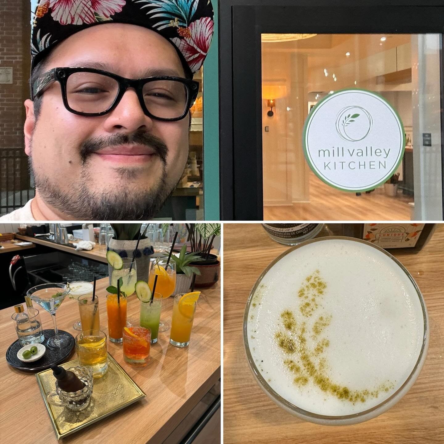 A collage of four photos: Top left shows a man smiling outside a restaurant named Mill Valley Kitchen; bottom left displays a variety of colorful cocktails and drinks on a bar counter; bottom right captures a close-up of a creamy drink with a lime ga