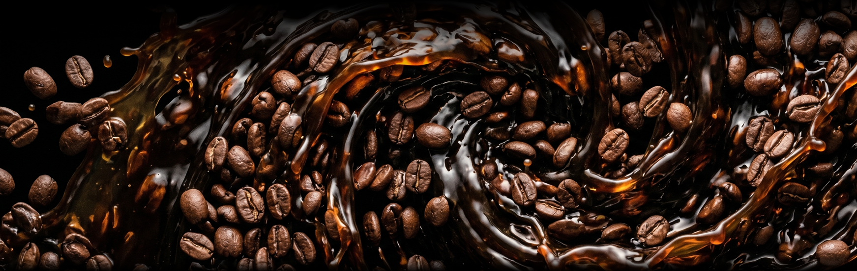 Coffee beans with swirling coffee and caramel syrup on a black background.