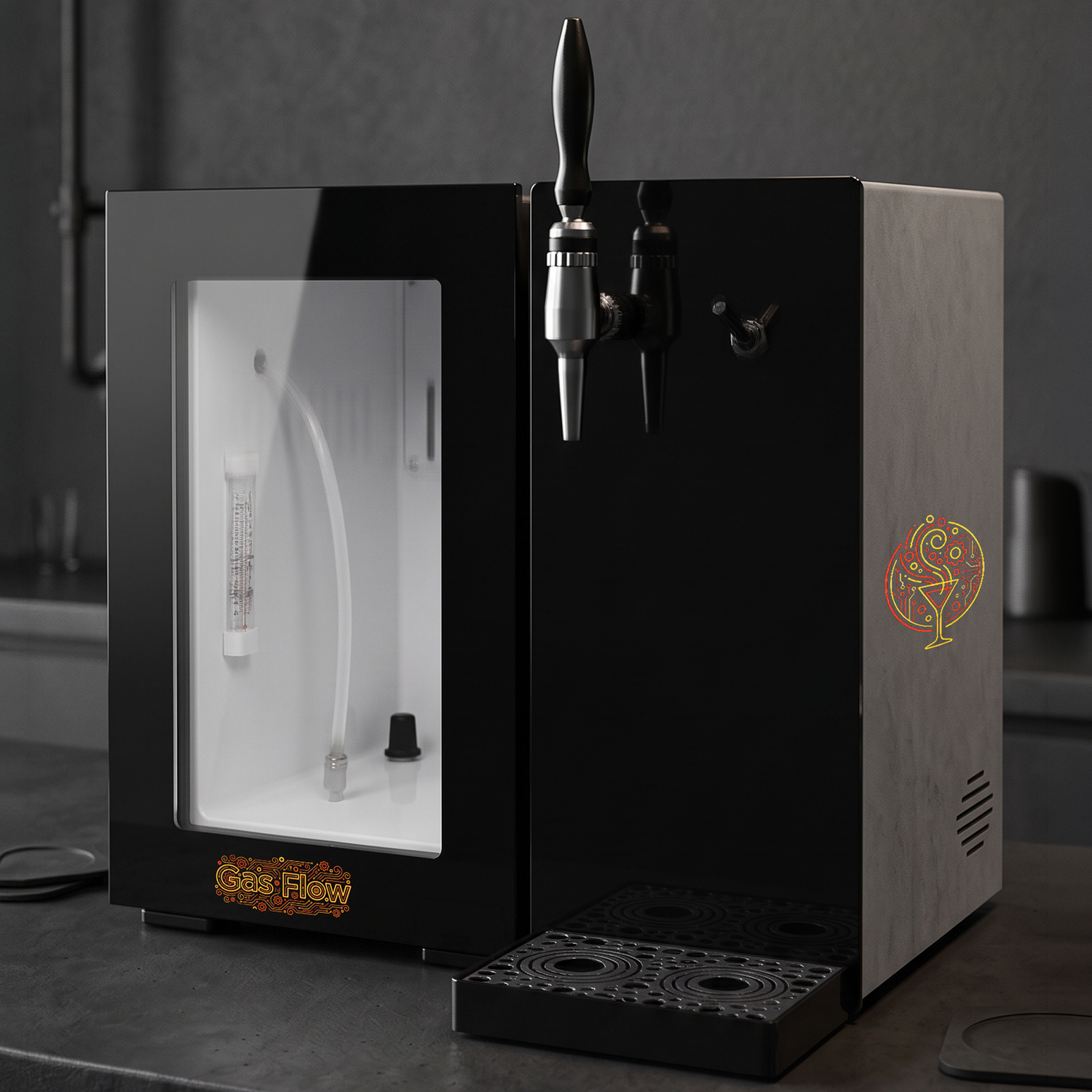 A modern machine with a black and gray exterior, labeled 'Gas Flow,' featuring a small window revealing internal tubing, and a faucet-like dispenser, set on a gray countertop.