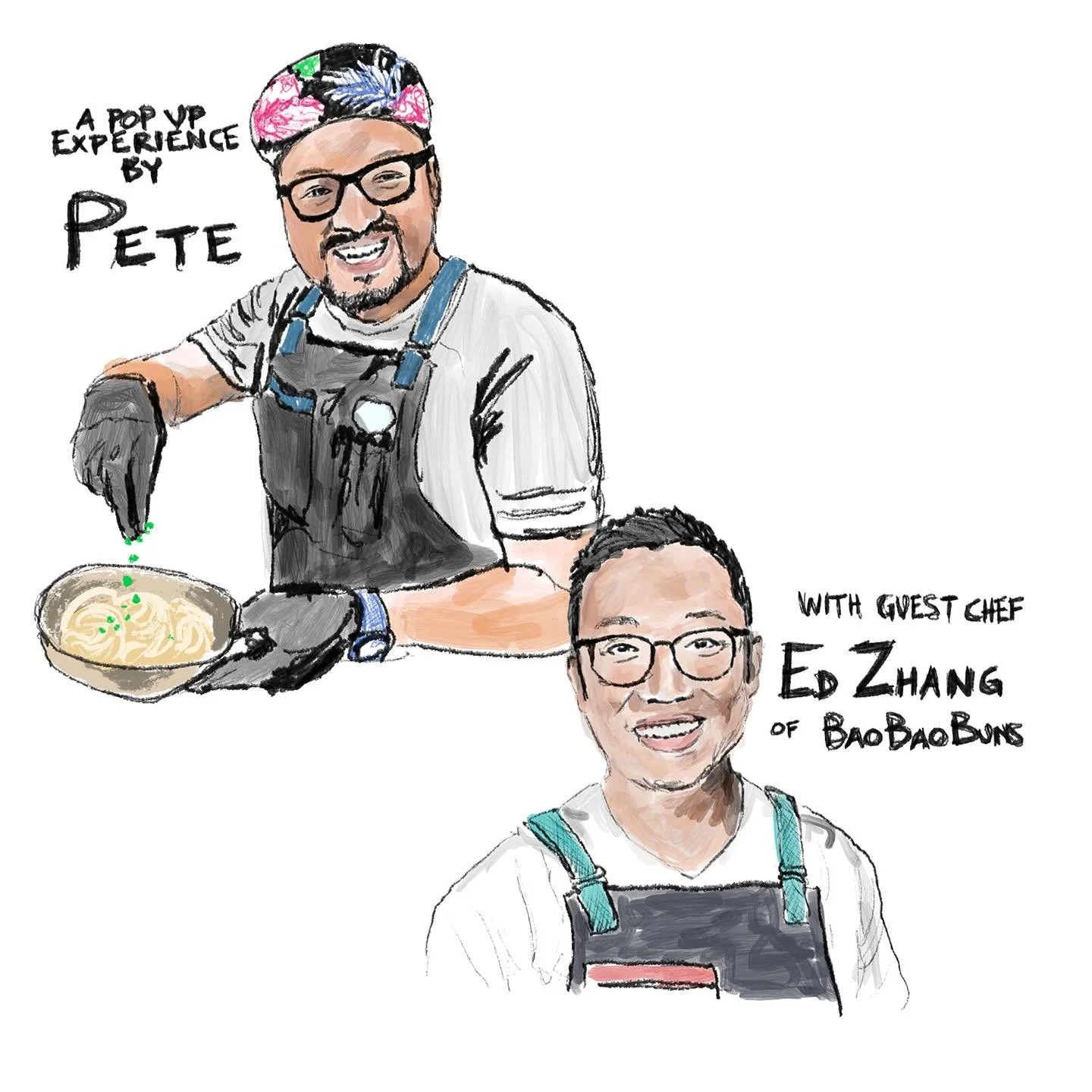Illustration of two men, one cooking with noodles and the other smiling, with text indicating a pop-up experience by Pete and guest chef Ed Zhang of BaoDaoBuns.