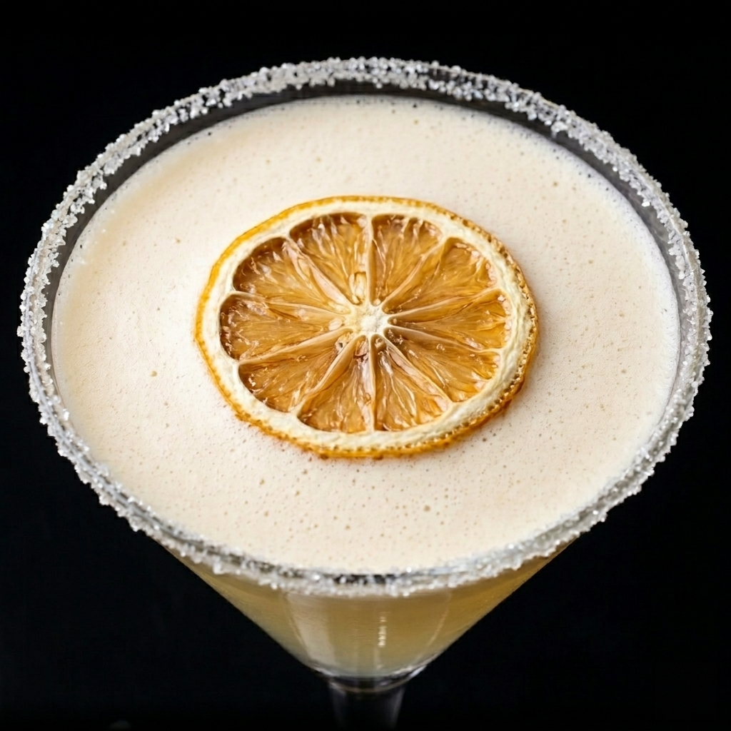 A cocktail garnished with a dried lemon slice, rimmed with salt, in a tall glass with an orange-colored liquid.