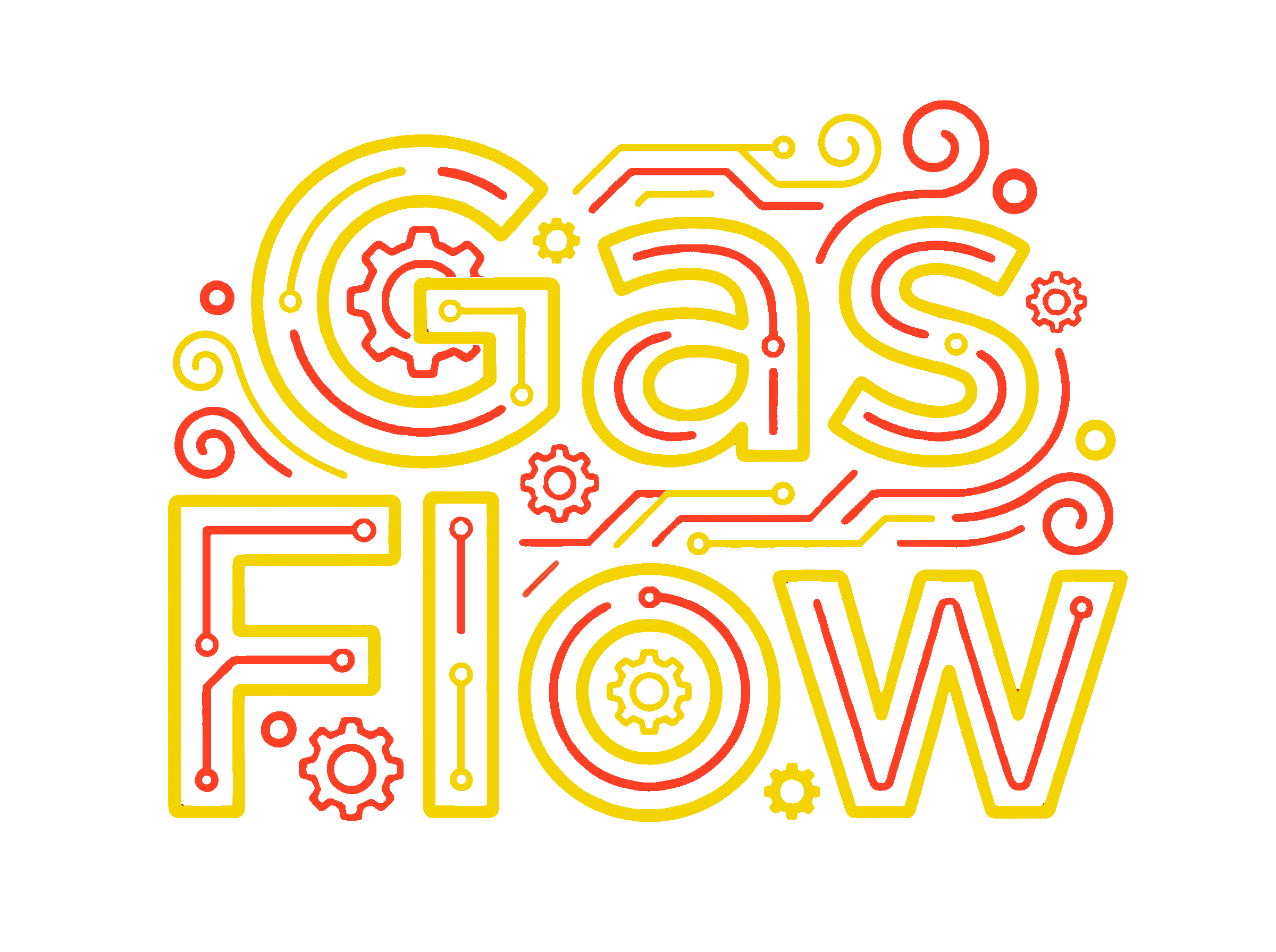 Digital illustration with the slogan "GAS FLOW" in yellow and red circuit-like lines and gears on a black background.
