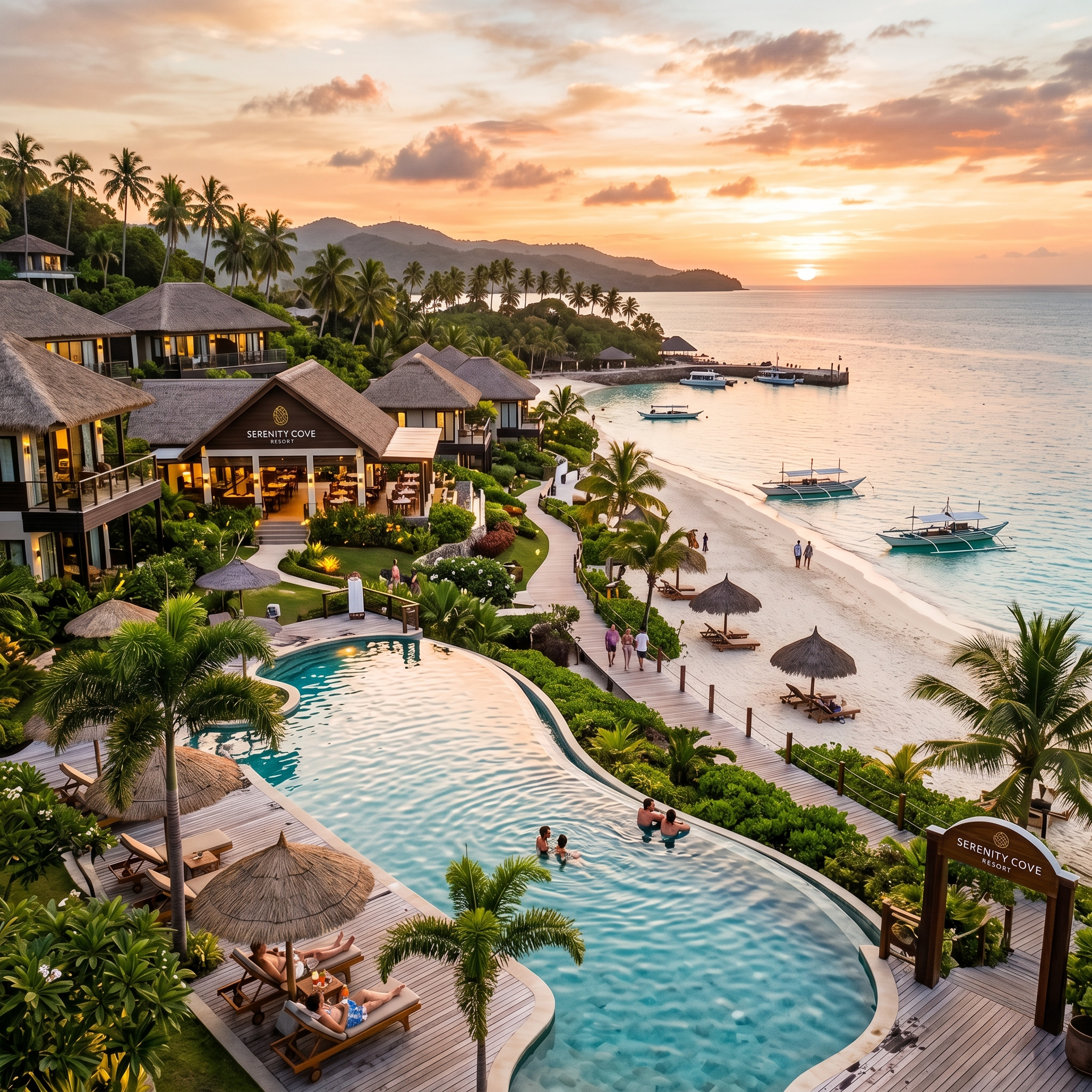 Sunset view at Serenity Cove Resort with palm trees, a swimming pool, lounge chairs, and people relaxing by the pool and on the beach, overlooking the ocean and mountains in the background.
