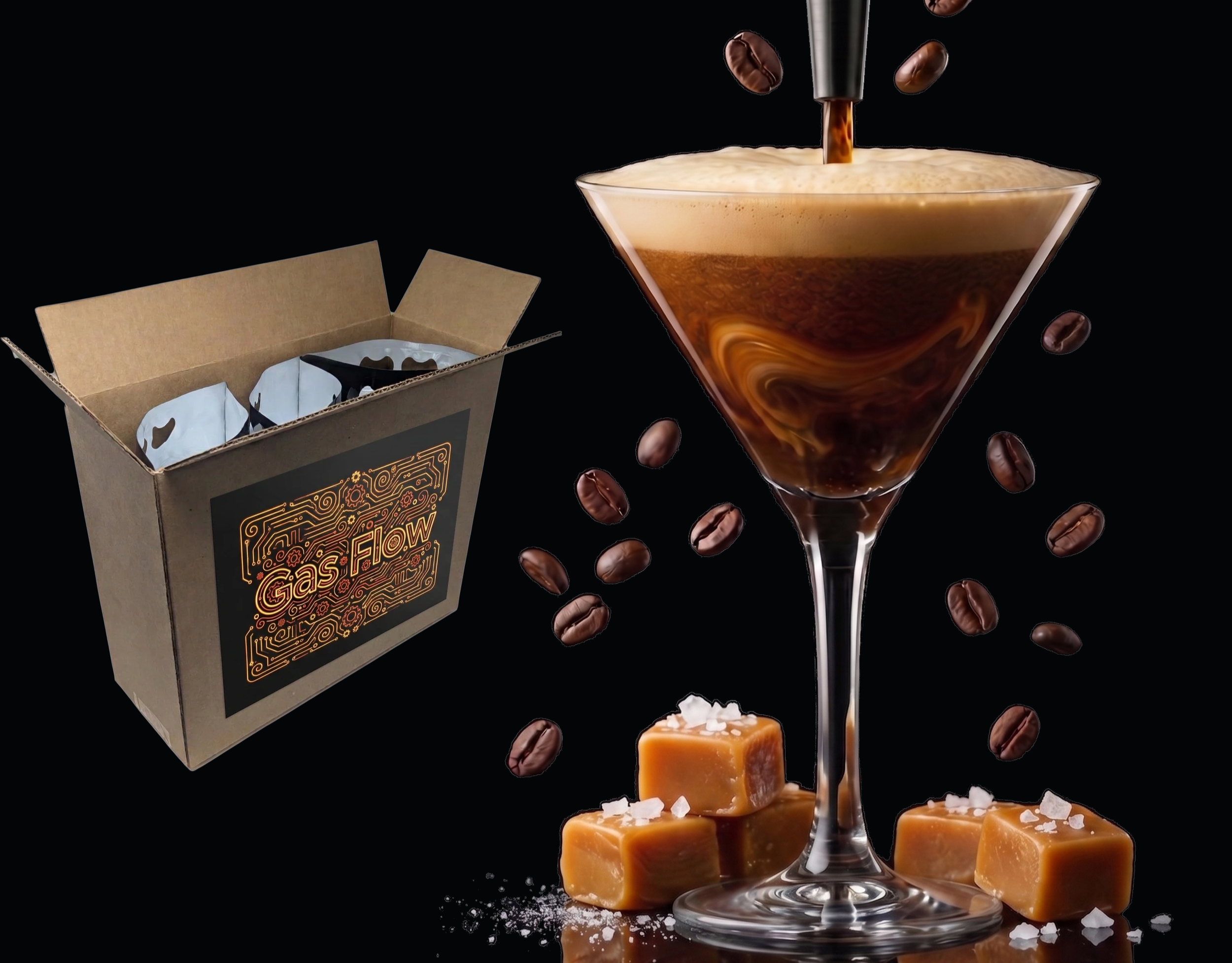 Chocolate coffee drink being poured into a martini glass with caramel candies and coffee beans scattered around.