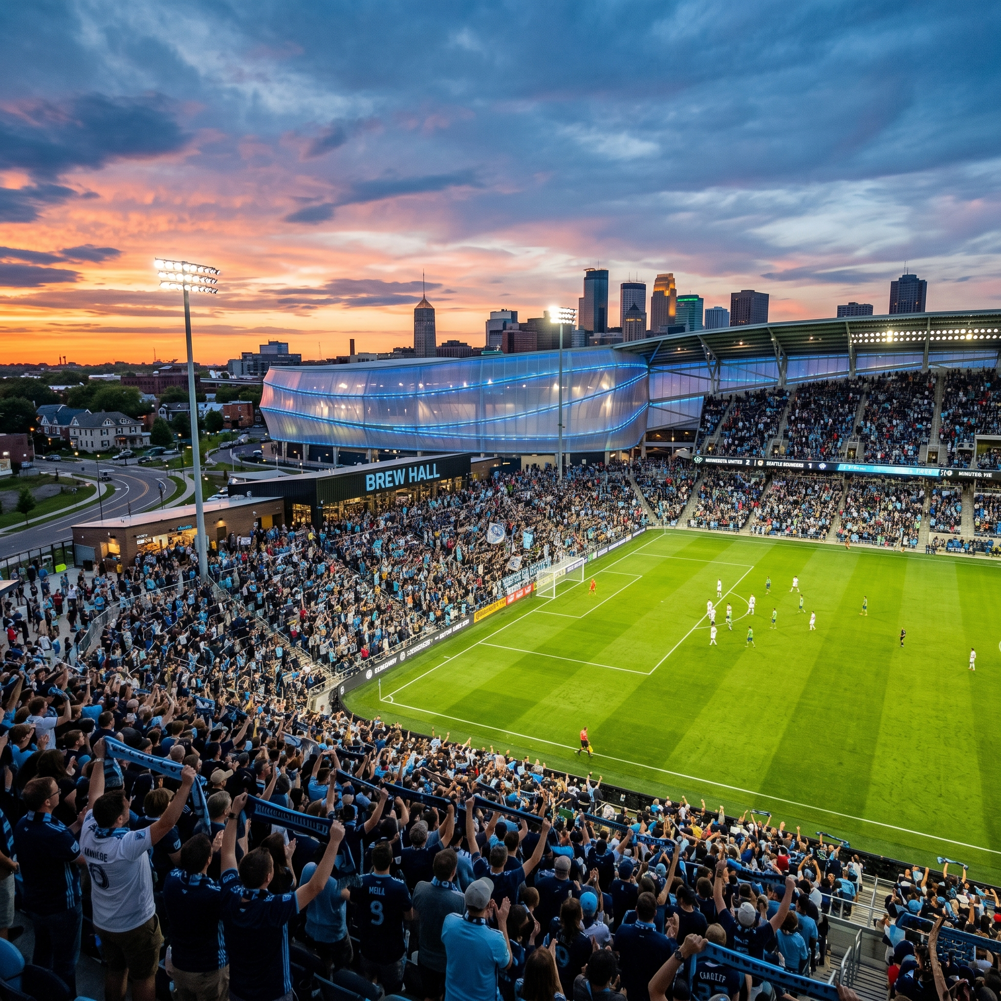 Crowd of soccer fans in blue and white jerseys cheering at a stadium during sunset, with the city skyline in the background.